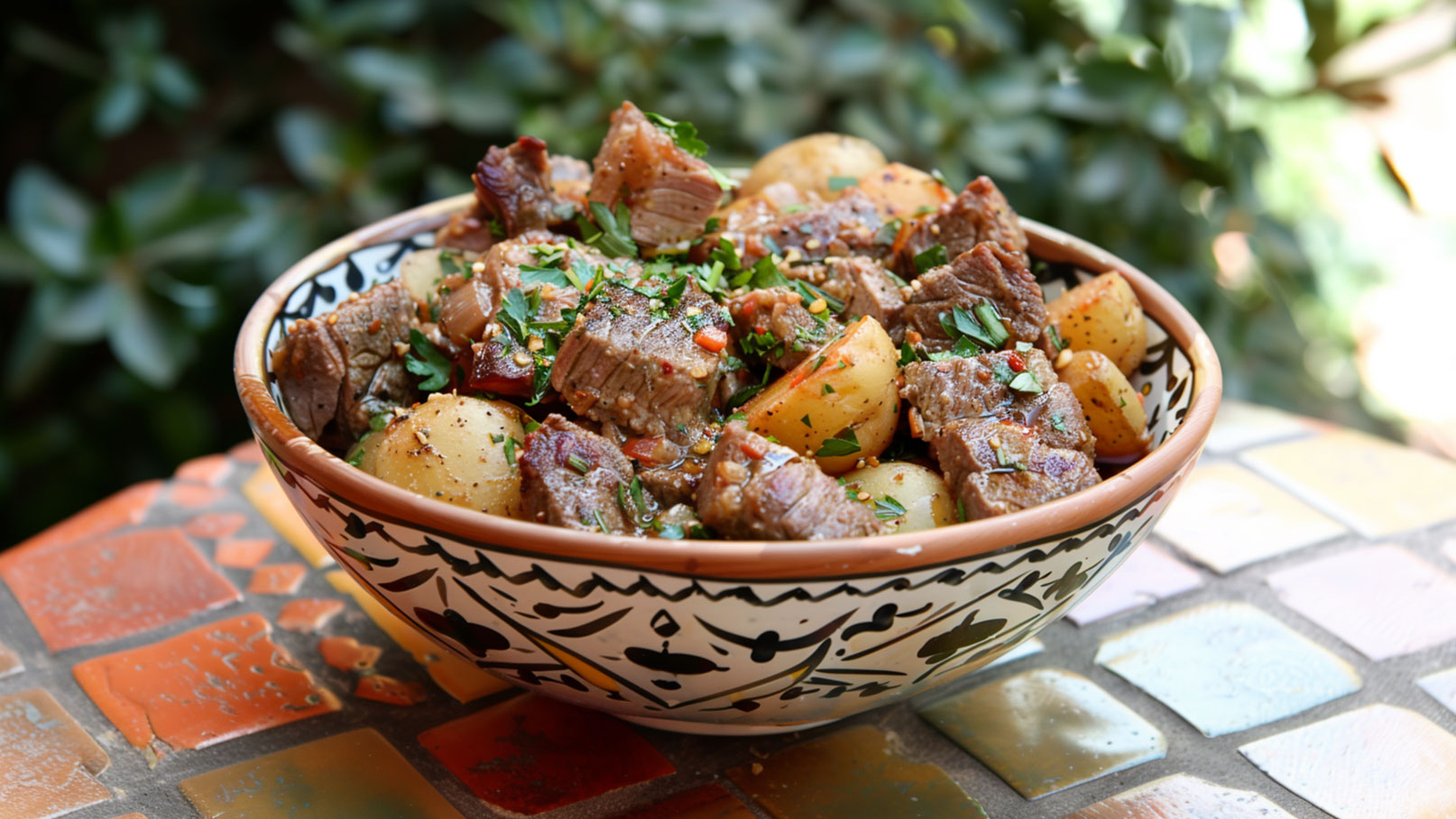 Eine dekorative Schüssel enthält einen herzhaften Eintopf aus gebratenem Fleisch und Kartoffeln, garniert mit frischer Petersilie. Der Eintopf erscheint appetitlich und ist in einer grünen Umgebung platziert, die zur Frische des Gerichts beiträgt.
