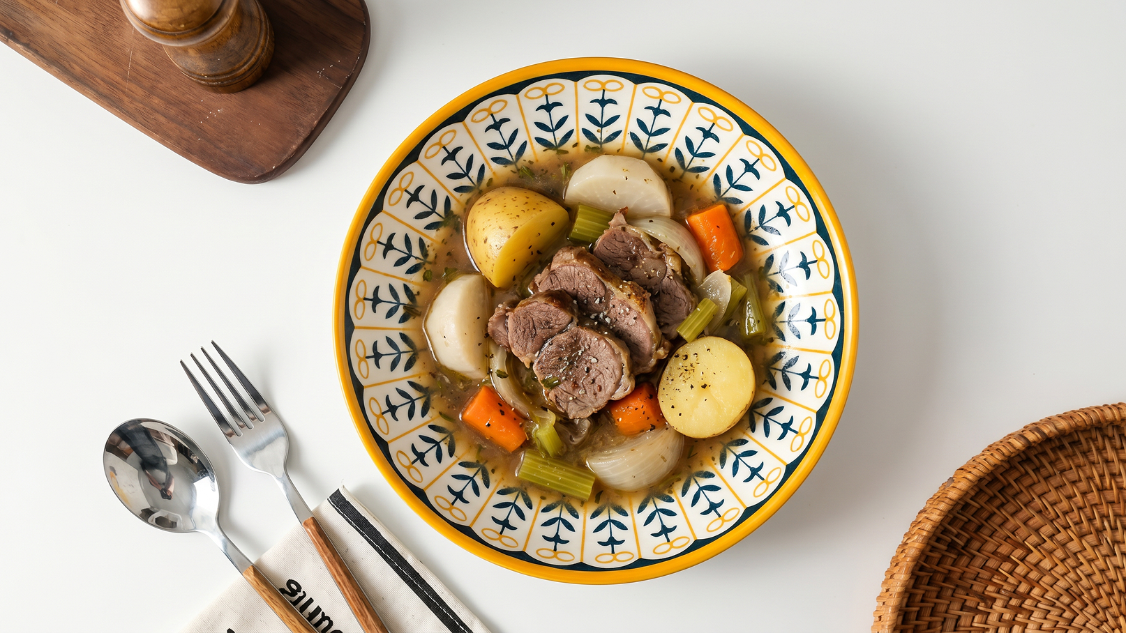 Ein Teller mit Hackfleisch und Gemüse, darunter Kartoffeln, Karotten und Sellerie, ist zentral abgebildet. Der Teller hat ein dekoratives Muster. Neben dem Teller liegen Besteck und eine Serviette. Im Hintergrund befindet sich ein Holzobjekt.