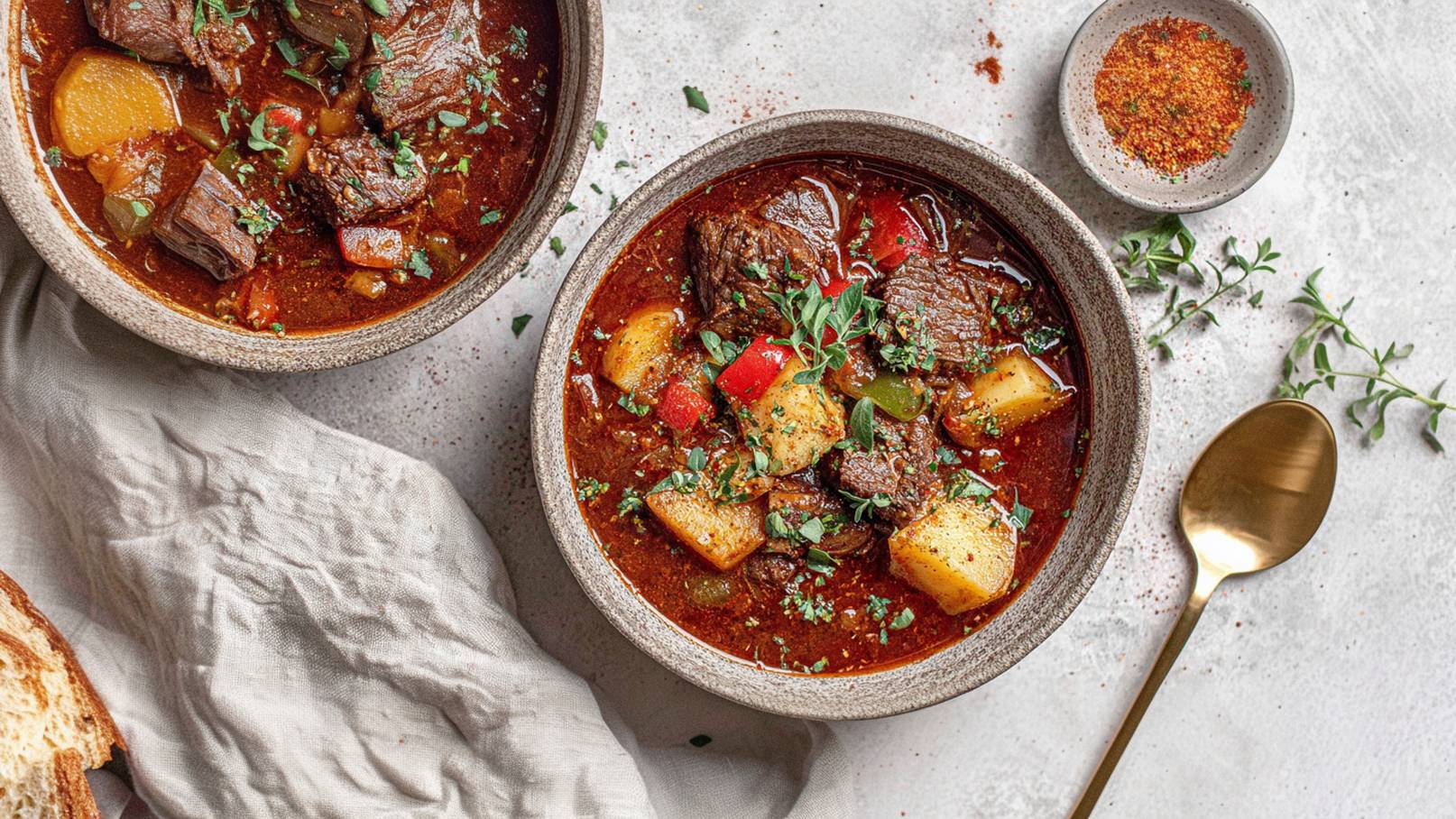 Eine appetitliche rindsgerichte Suppe, serviert in zwei Schüsseln. Die Suppe enthält zarte Fleischstücke, Kartoffeln und verschiedene Gemüse, garniert mit frischen Kräutern. Neben den Schüsseln liegt ein goldener Löffel und etwas Gewürz in einer kleinen Schüssel. Ein Stück Brot ist am Rand platziert.
