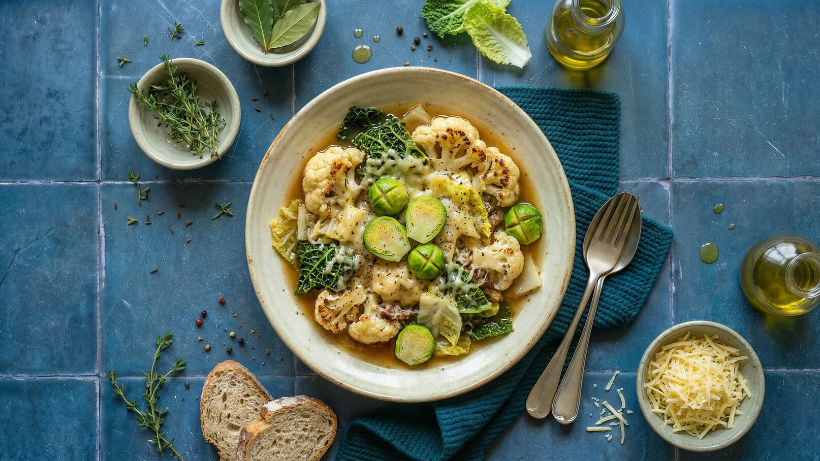 Eine Schüssel mit einem herzhaften Gemüsegericht, das Blumenkohl, Grünkohl und Rosenkohl enthält, ist in einer Brühe serviert. Darüber liegt geschmolzener Käse. Neben der Schüssel befinden sich etwas Brot, Gewürze und ein Glas Öl. Der Untergrund ist blau gefliest.