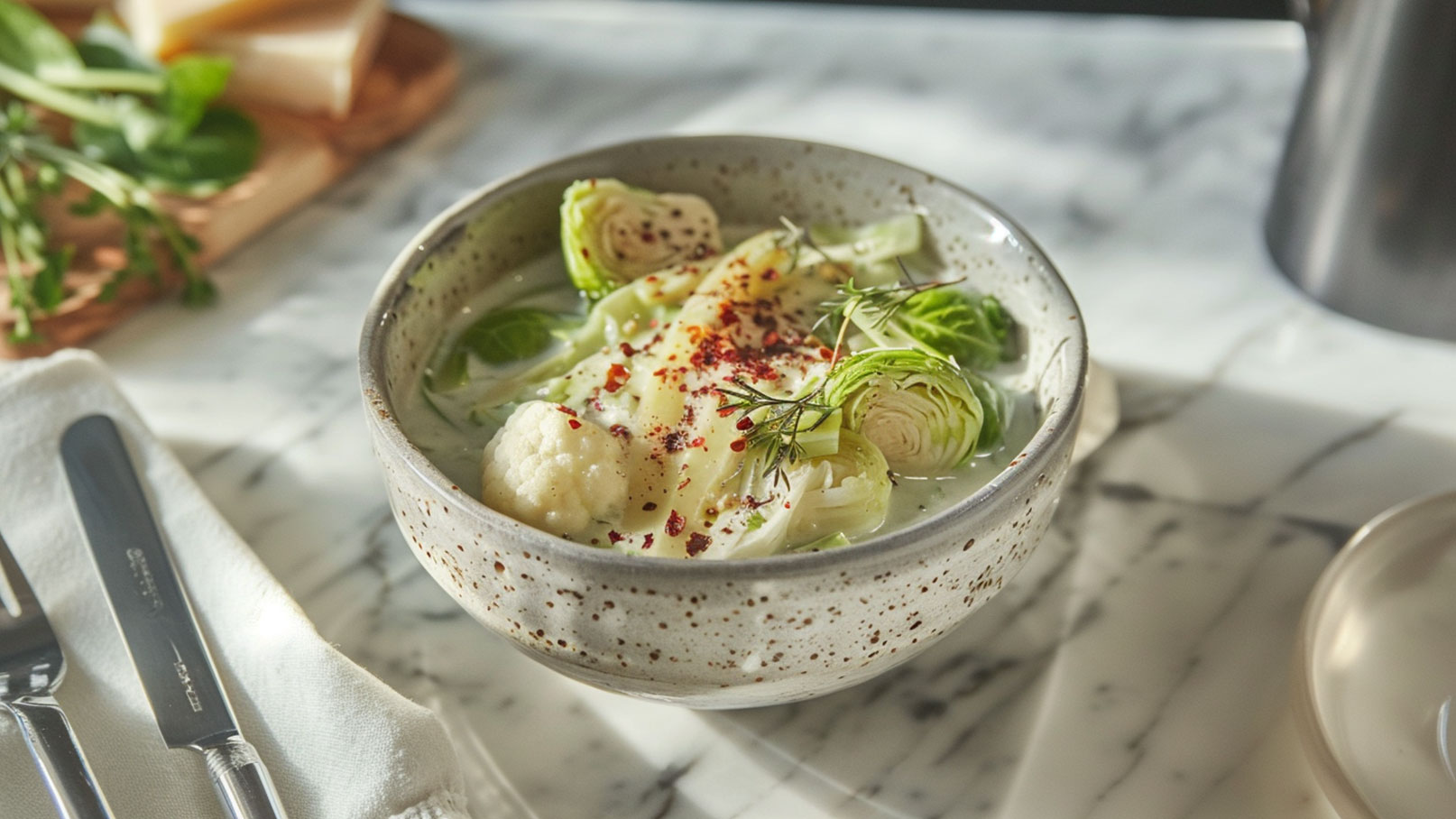 Eine Schüssel mit cremiger Gemüsesuppe, die Blumenkohl, verschiedene Salate und Kräuter enthält. Die Suppe ist mit rotem Pfeffer bestreut. Im Hintergrund sind frische Kräuter und Käse sichtbar.