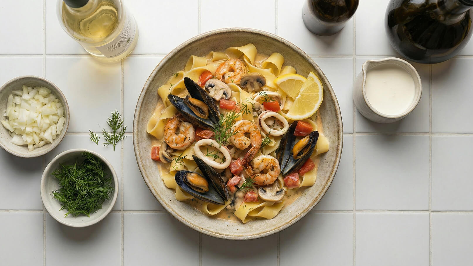 Ein Teller Pasta mit Garnelen, Muscheln, Tintenfisch und Pilzen, garniert mit frischem Dill und Zitronenscheiben. Neben dem Teller sind Schalen mit gehackten Zwiebeln und frischem Dill sowie Flaschen Weißwein und Sahne zu sehen.