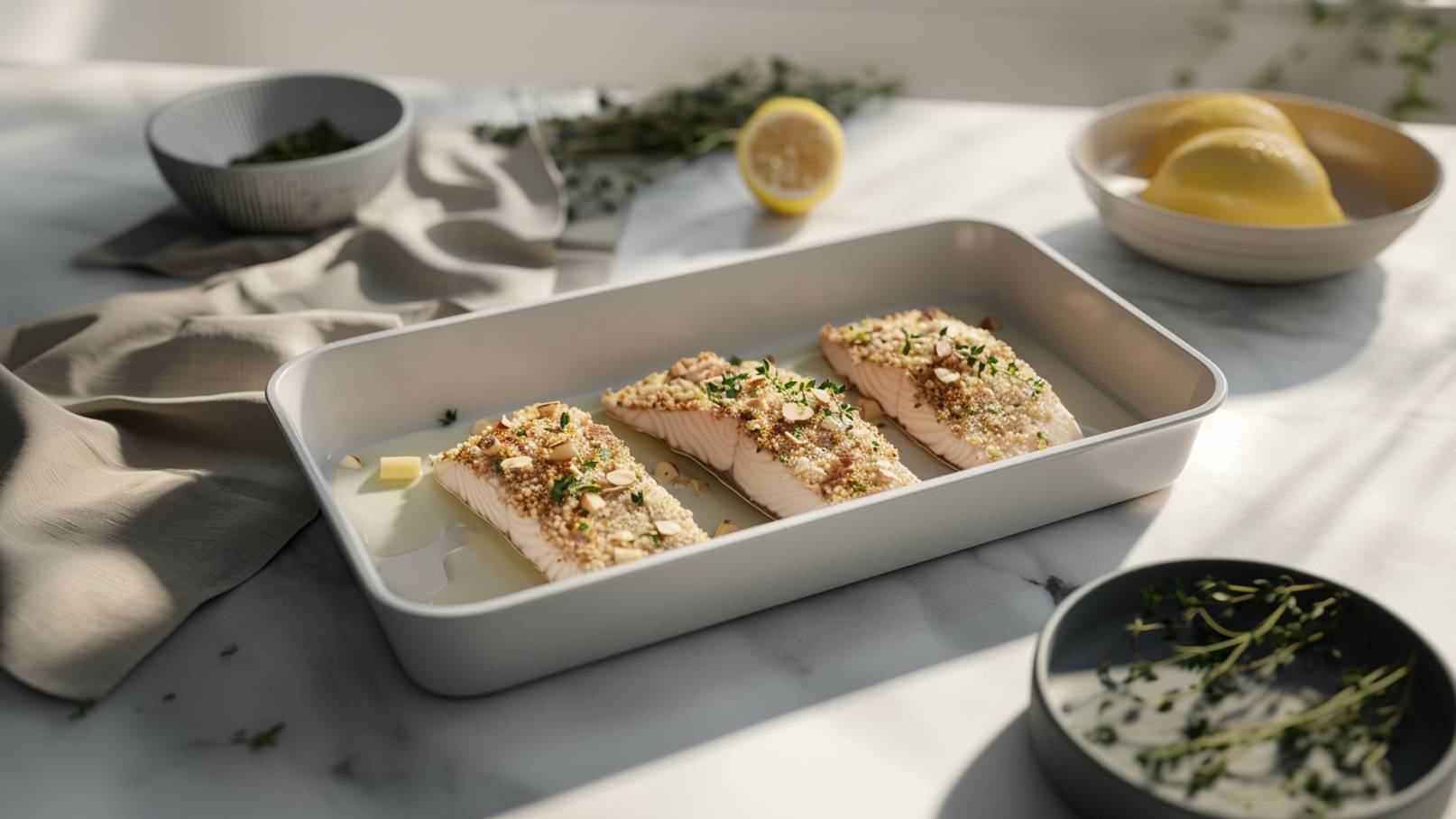 Ein Auflaufgericht mit drei Filets, die mit einer knusprigen Kruste aus Nüssen und Kräutern belegt sind. Daneben befinden sich frische Zitronen und eine Schüssel mit Kräutern. Der Hintergrund zeigt eine helle, natürliche Atmosphäre.
