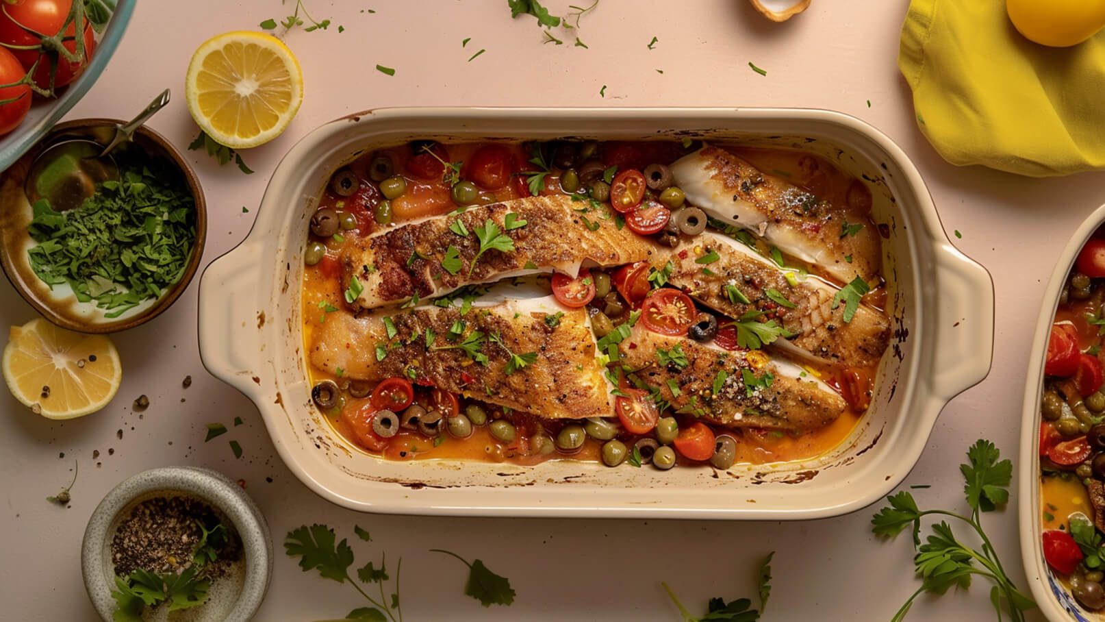 Ein farbenfrohes Gericht mit gebratenem Fischfilet liegt in einer Auflaufform. Der Fisch ist mit frischen Tomaten, grünen und schwarzen Oliven sowie Kräutern garniert. Einige Zitronenscheiben liegen daneben, ergänzt durch frische Kräuter und Gewürze in Schälchen.