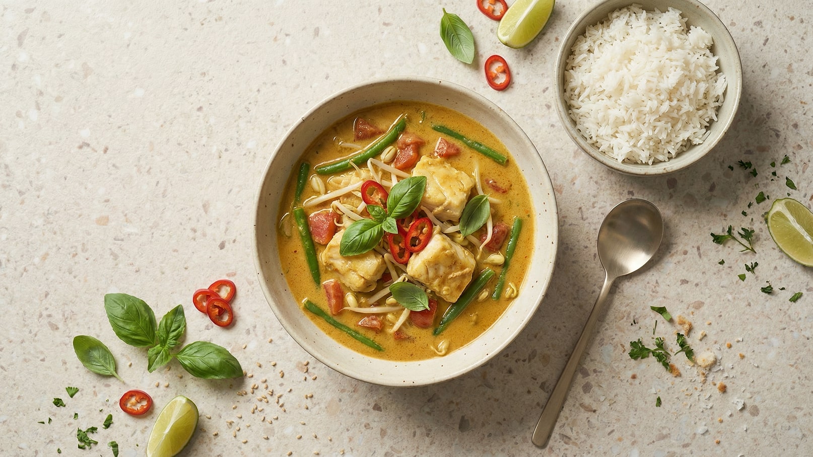 Eine Schüssel dampfender Curry-Suppe mit Stückchen von Fisch, Gemüse und frischen Kräutern, garniert mit roten Chilischoten. Daneben ein kleiner Teller mit gedämpftem Reis und eine Limette. Der Hintergrund ist neutral und hebt die bunten Farben der Speisen hervor.