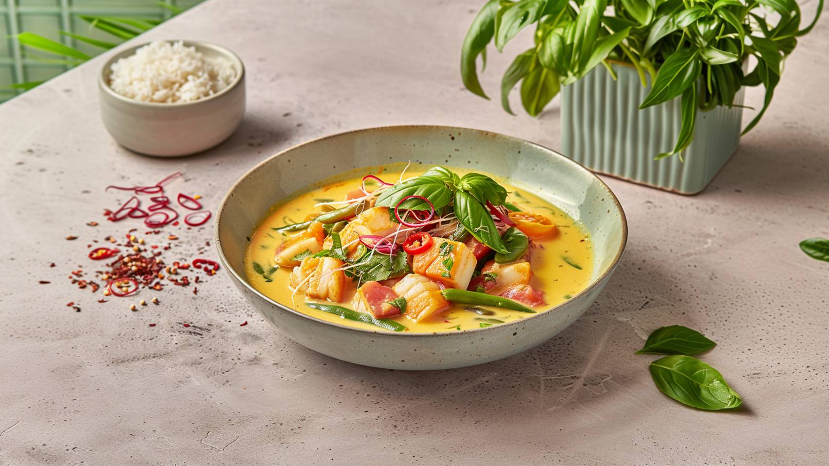 Eine große Schüssel mit bunter Suppe, gefüllt mit Fisch, Gemüse und frischen Kräutern, steht auf einem hellen Tisch. Daneben liegt eine Schüssel mit Reis. Im Hintergrund befindet sich ein Topf mit frischem Basilikum. Rote und grüne Chiliflocken sind um die Schüssel verstreut.
