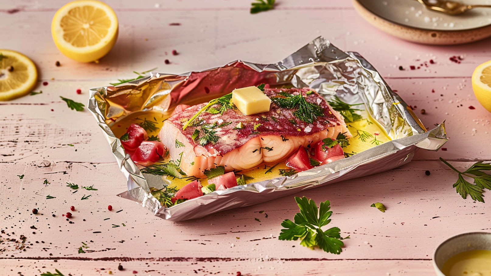 Ein Stück Lachs in Alufolie, belegt mit Butter, frischen Kräutern und Tomatenstücken. Der Lachs liegt auf einer gelben Flüssigkeit. Im Hintergrund sind Zitrone und grüne Blätter sichtbar. Der Untergrund ist in Rosa gehalten.