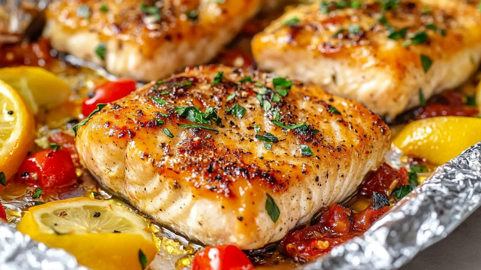 Stell dir ein rustikales Holzbrett vor, auf dem ein frisches Fischfilet in glänzender Alufolie liegt. Rund um das Brett stehen drei bunte Schüsseln mit verschiedenen Gewürzen, die lebhafte Farben und Aromen versprechen. Diese Anordnung aus dem Holzbrett, dem schimmernden Fisch und den Gewürzen schafft eine einladende Kochatmosphäre und weckt Lust auf ein schmackhaftes Gericht.