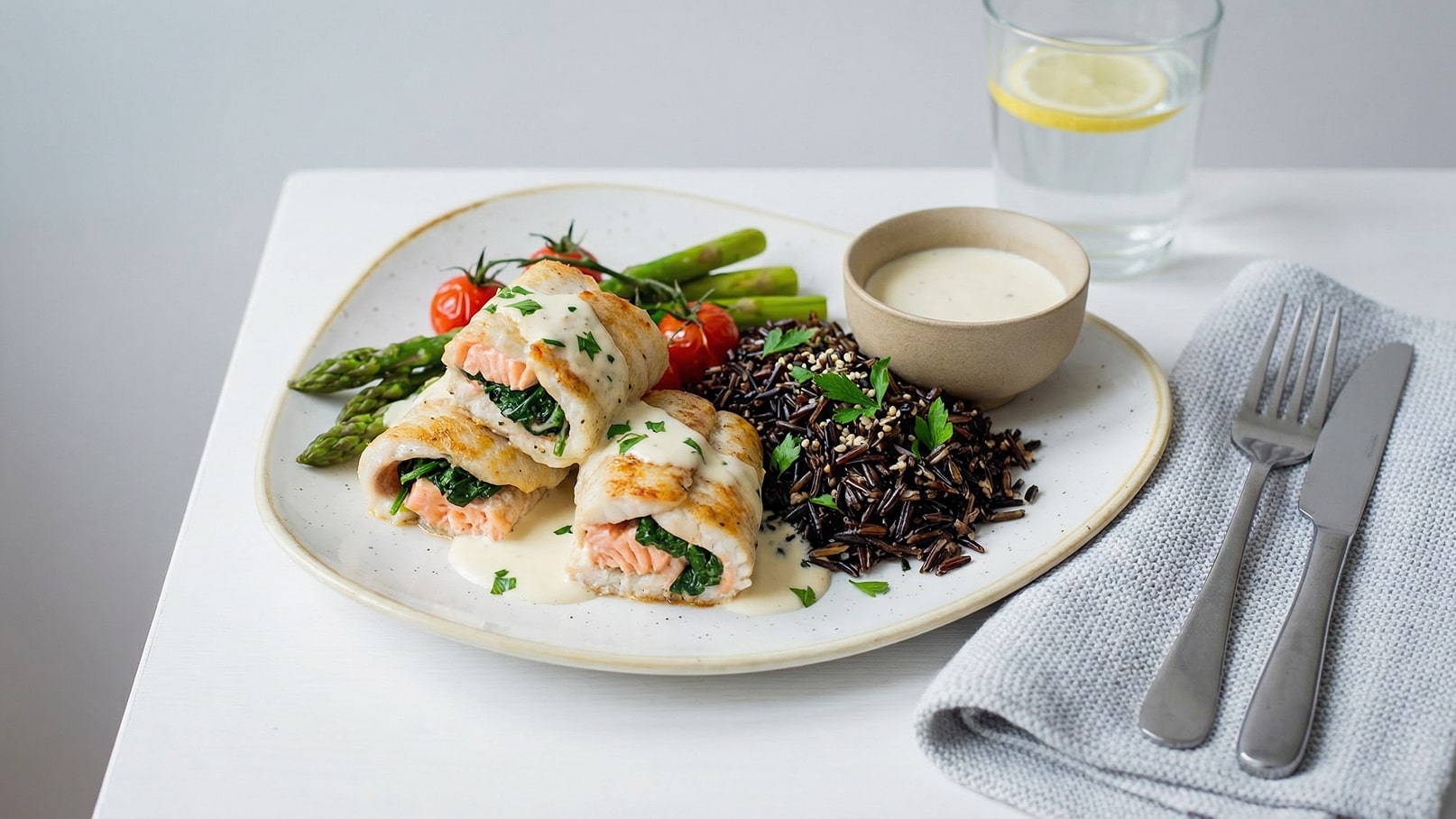 Auf einem Teller sind zwei gefüllte Fischröllchen mit Spinat und Lachs, überzogen mit einer cremigen Sauce. Daneben befinden sich grüner Spargel, Kirschtomaten und eine Portion schwarzer Reis. Eine kleine Schüssel mit weißer Sauce ist ebenfalls auf dem Teller. Ein Glas Wasser mit Zitrone ist im Hintergrund.