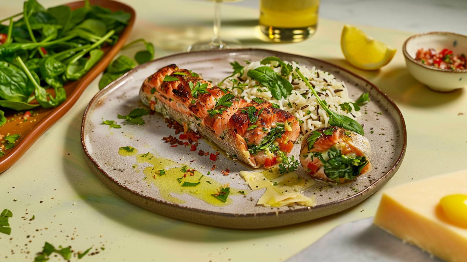 Auf dem Teller liegt ein gegrilltes Lachsfilet, garniert mit frischen Kräutern und Gemüse. Neben dem Lachs befindet sich ein Klecks Reis und ein kleiner Salat mit Spinat. Im Hintergrund sind ein Glas Wein und eine Zitronenscheibe sichtbar.