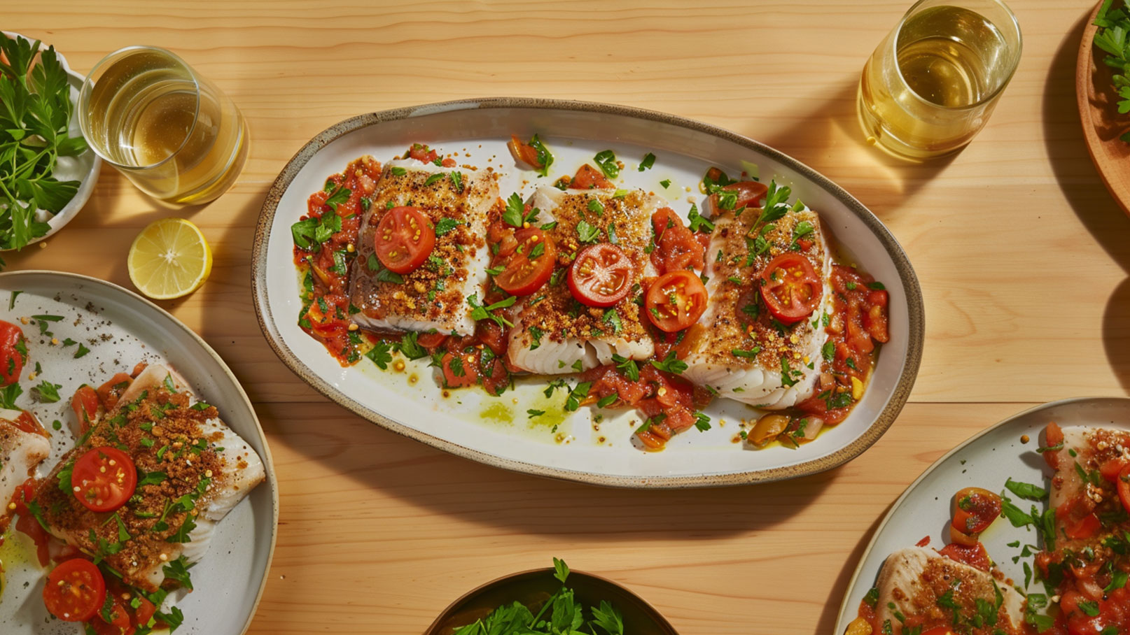 Ein schön dekorierter Teller mit gebratenem Fisch, garniert mit frischen Tomaten, Kräutern und einer aromatischen Sauce. Neben dem Hauptgericht stehen weitere Teller mit ähnlichem Essen, und im Hintergrund sind Gläser mit einem Getränk sichtbar.