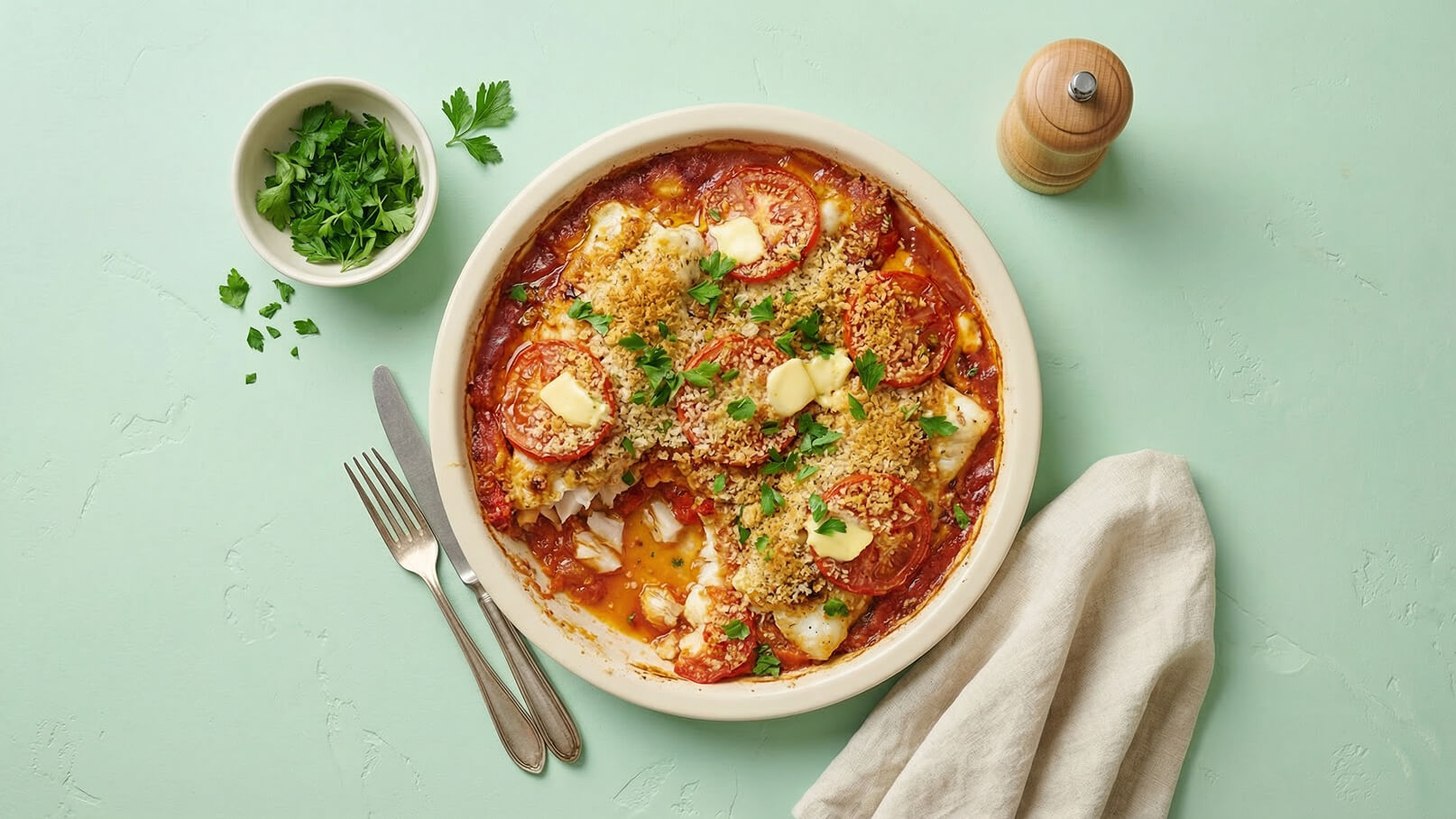 Ein kreisförmiger Auflauf mit gebackenem Fisch, belegt mit Tomatenscheiben, Butter und einer knusprigen Kruste. Frische Petersilie dekoriert das Gericht, das auf einem hellgrünen Untergrund präsentiert wird. Neben dem Auflauf stehen eine Gabel und ein Messer sowie ein Schüsselchen mit gehackter Petersilie.