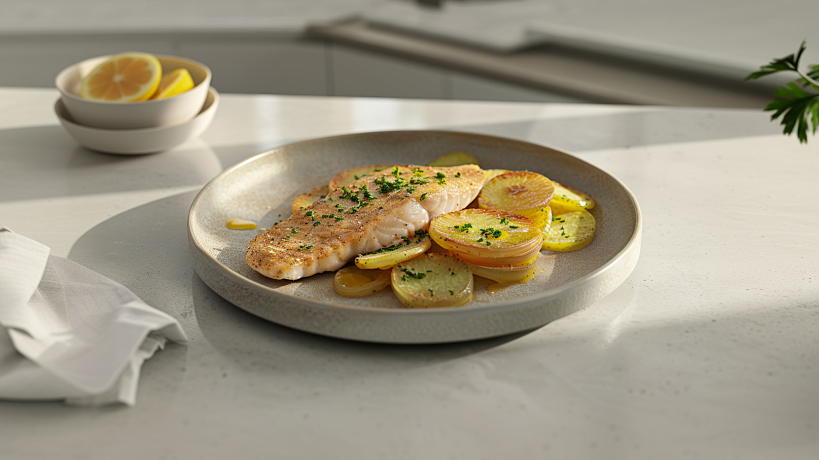 Auf dem Teller liegt ein Stück gegrillter Lachs, garniert mit frischem Kräuter. Daneben befinden sich goldbraun angebratene Kartoffelscheiben und Zitronenscheiben. Im Hintergrund stehen zwei Schalen mit weiteren Zitronen. Der Tisch ist hell und schlicht gestaltet.