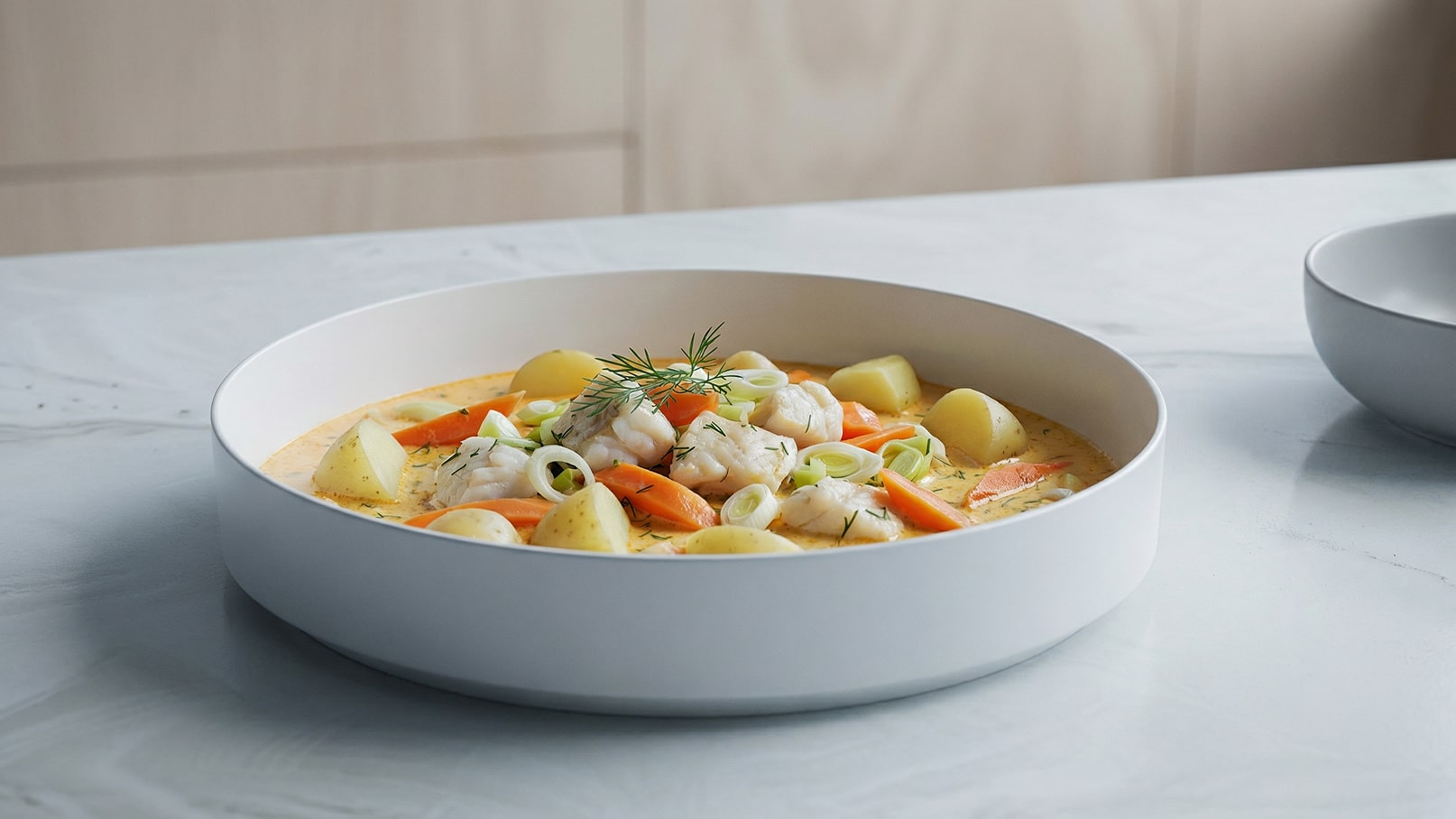 Eine weiße Schüssel mit einer cremigen Suppe, gefüllt mit Stückchen von Fisch, Karotten, Kartoffeln und Frühlingszwiebeln. Ein Hauch von Dill garniert die Suppe, die auf einem hellen Tisch serviert wird.