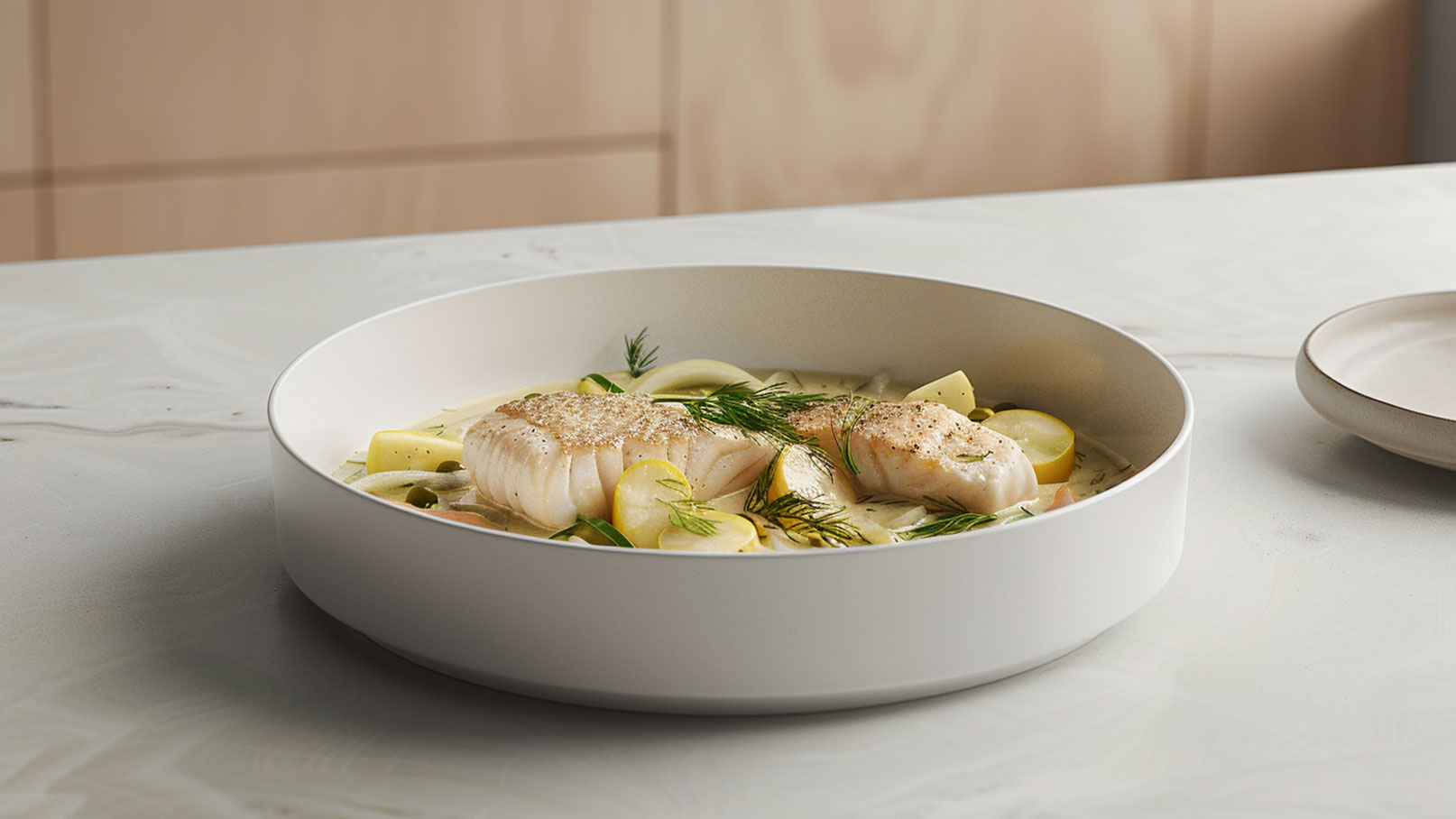Ein weißes Geschirr zeigt zwei Stücke gebratenen Fisch, gefolgt von Zucchini und Kräutern. Das Gericht wird in einer eleganten, flachen Schüssel präsentiert, die auf einer glatten Tischoberfläche steht. Im Hintergrund ist ein kleiner, einfacher Teller zu sehen.