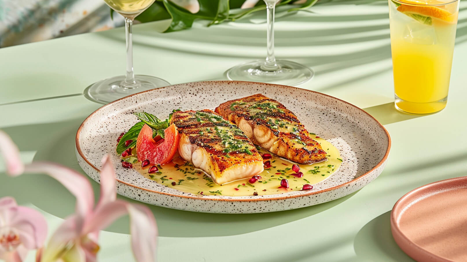 Ein ansprechend angerichteter Teller mit zwei gegrillten Fischfilets, die in einer cremigen Sauce liegen. Dazu sind einige rote Paprikastücke und Granatapfelkerne angerichtet. Im Hintergrund sind Getränke und eine grüne Tischoberfläche zu sehen.
