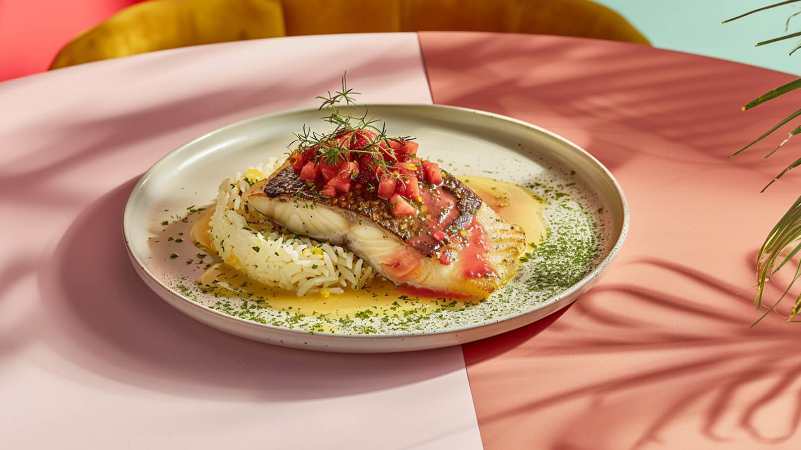 Auf dem Teller liegt ein Stück gebratener Fisch mit einer knusprigen Haut. Darauf befindet sich eine Mischung aus frischen, gewürfelten Tomaten und Kräutern. Der Fisch ist auf einem Bett aus lockeren Reis serviert und umgeben von einer leichten, aromatischen Sauce.