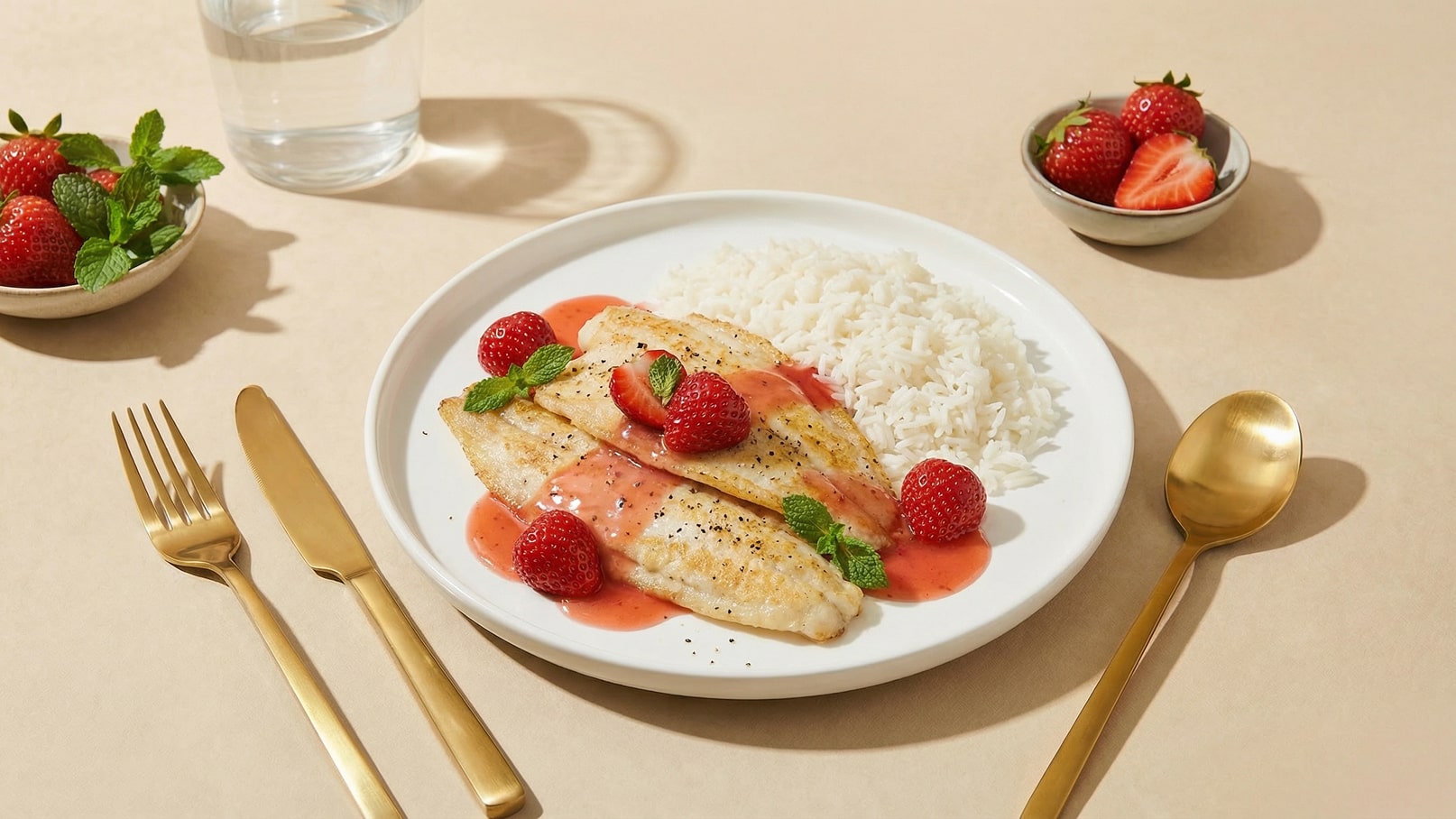 Ein Teller mit gebratenem Fischfilet, serviert mit einer Soße und frischen Erdbeeren, daneben eine Portion Reis. Im Hintergrund eine kleine Schüssel mit weiteren Erdbeeren und ein Glas Wasser. Besteck in goldener Farbe liegt auf einem hellen Tisch.