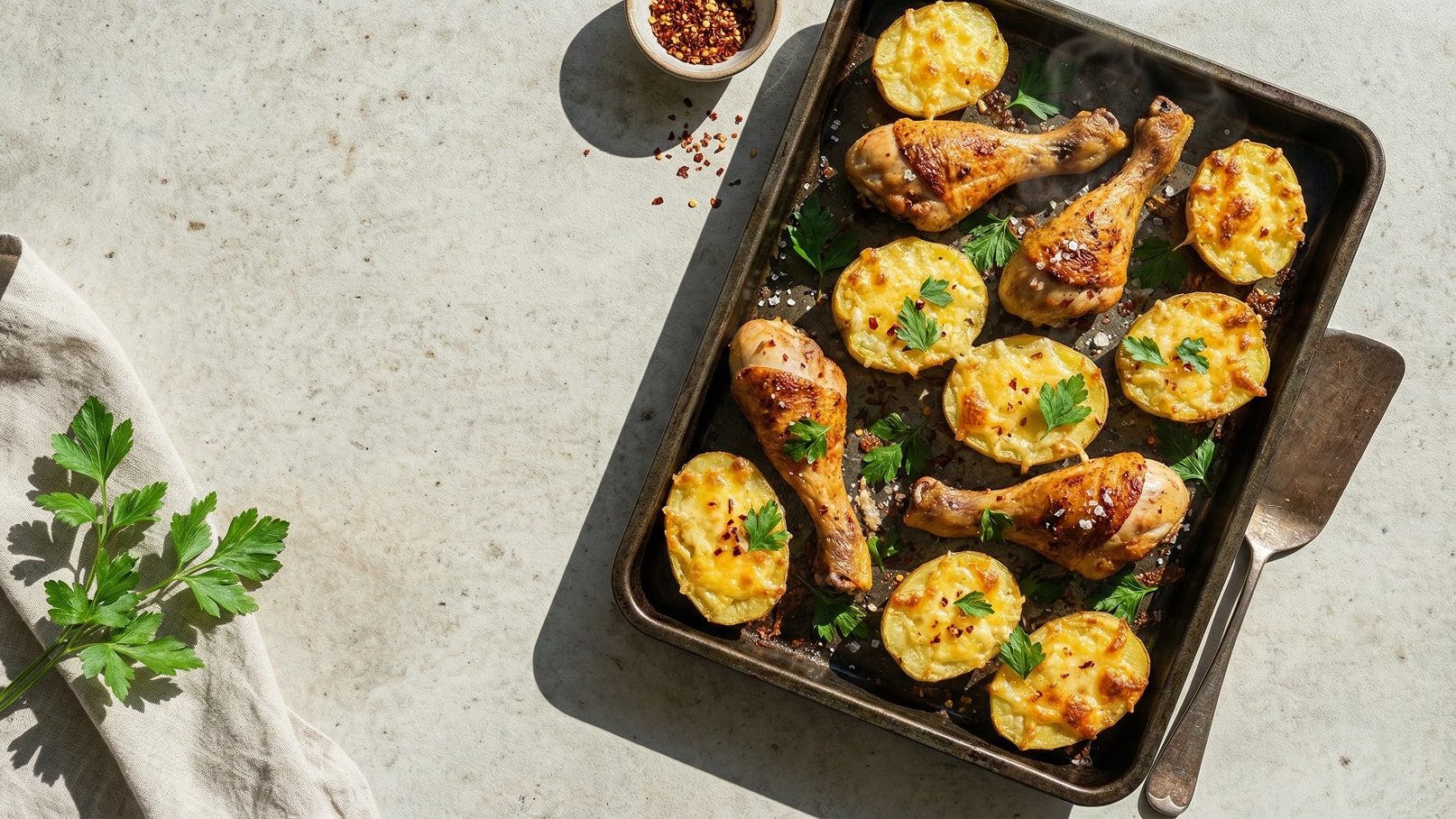Auf einem Blech sind goldbraun gebratenen Hähnchenschenkel und Kartoffelscheiben mit einer Käsekruste angerichtet. Frische Petersilie garniert die Speisen. Im Hintergrund liegt eine kleine Schale mit roten Pfefferflocken.