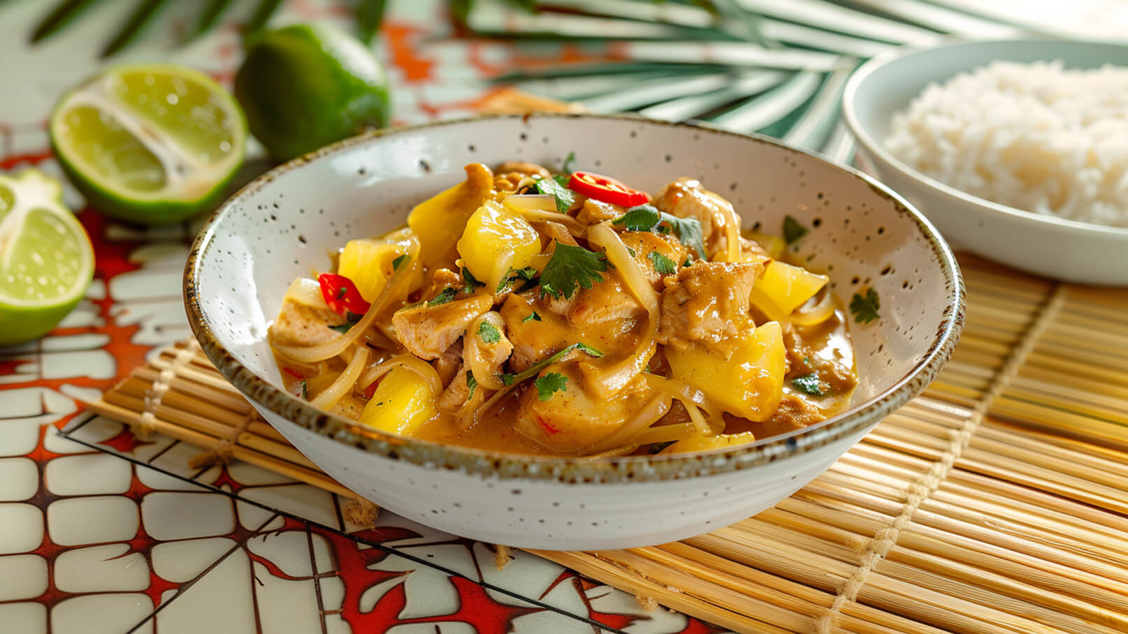 Eine Schüssel mit Huhn, Ananasstücken und einem cremigen Curry-Sauce, garniert mit frischem Koriander und roten Chili. Im Hintergrund liegen Limettenhälften und eine Schale mit Reis. Die Anordnung wirkt einladend und farbenfroh.