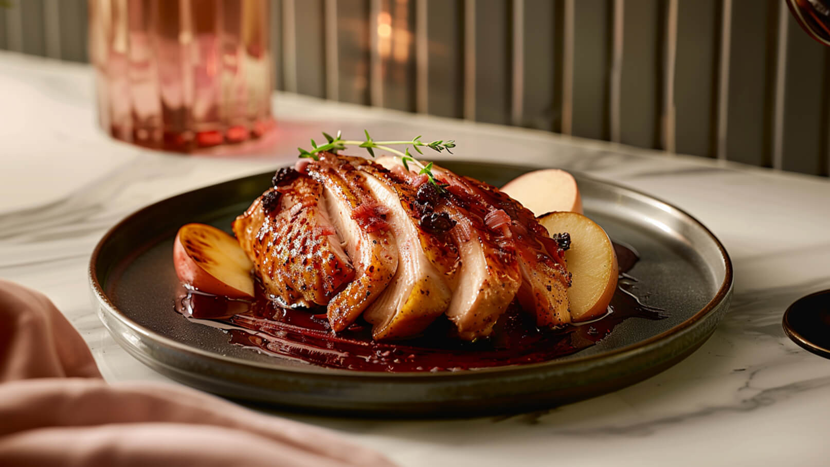 Ein Teller mit zartem Geflügelfleisch, das in einer fruchtigen Sauce angerichtet ist. Dazu sind einige Apfelscheiben platziert. Das Gericht ist mit frischen Kräutern garniert und auf einem dunklen Teller serviert, der vor einem eleganten Hintergrund steht.