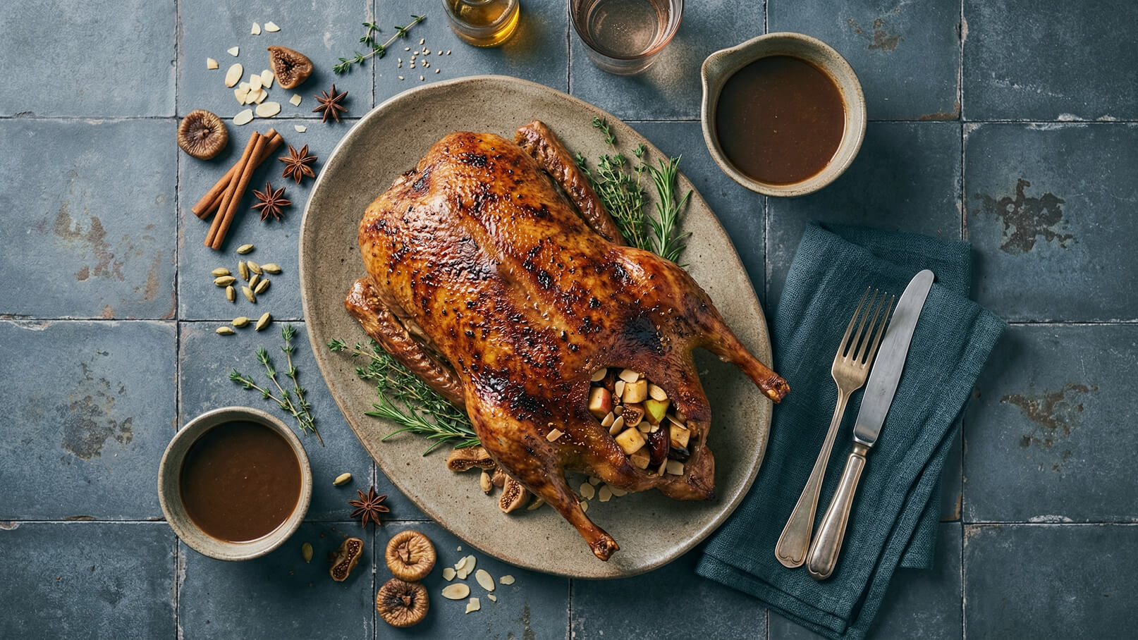 Eine goldbraun gebratene Ente liegt auf einem ovalen Teller, gefüllt mit Äpfeln und Nüssen. Um den Teller sind verschiedene Gewürze und eine Schale mit Bratensoße platziert. Es gibt auch Besteck und eine Serviette in einem dunklen Farbton daneben.
