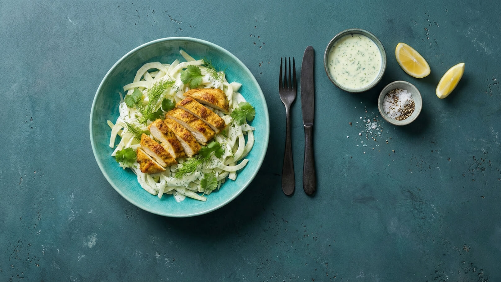 Eine Schüssel mit geschnittenem Hähnchen auf einem Bett aus Weißkohl, garniert mit frischem Koriander. Neben der Schüssel befinden sich ein Becher mit Joghurt-Dip, zwei Schalen mit Salz und Pfeffer sowie einige Zitronenspalten. Der Hintergrund ist in einem tiefen Grünton gehalten.