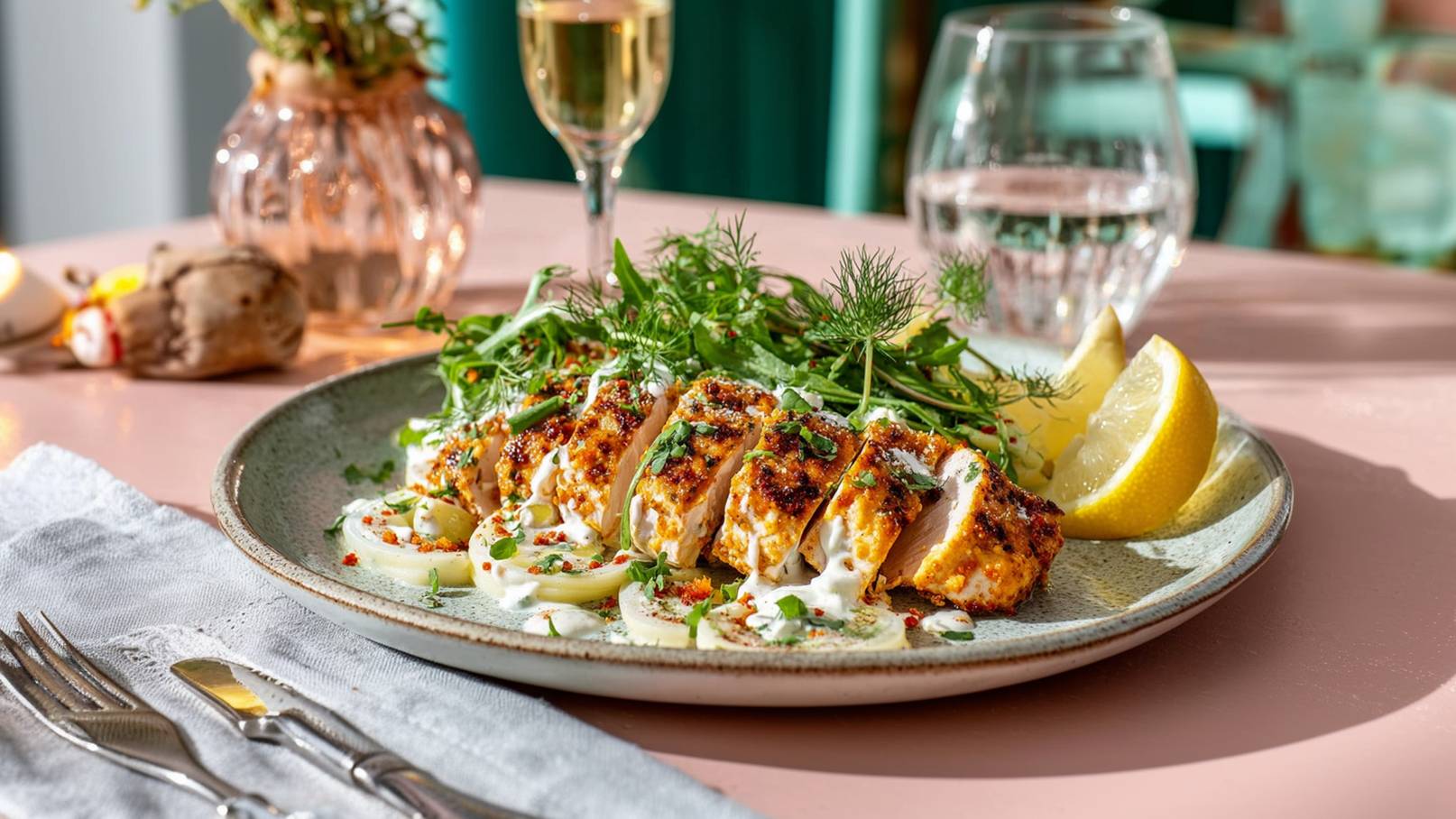 Ein Teller mit gegrilltem Hähnchenbrustfilet, garniert mit frischem Gemüse wie Zucchini und Kräutern. Neben dem Teller steht ein Glas Weißwein. Der Hintergrund ist eine graue Oberfläche, die leicht unordentlich wirkt.