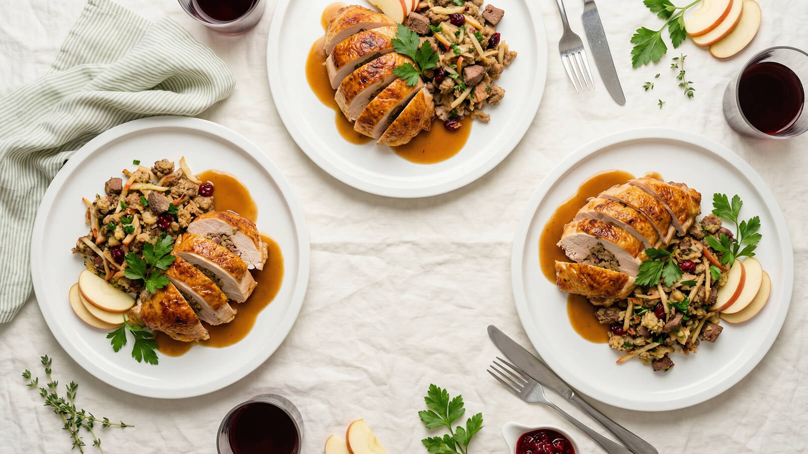 Drei Teller mit geschnittenem, gebratenem Geflügel in Soße, serviert mit einer Füllung aus Fleisch, Äpfeln und Preiselbeeren. Frische Petersilie und Apfelscheiben garnieren die Teller. Im Hintergrund sind Weingläser und Besteck sichtbar.