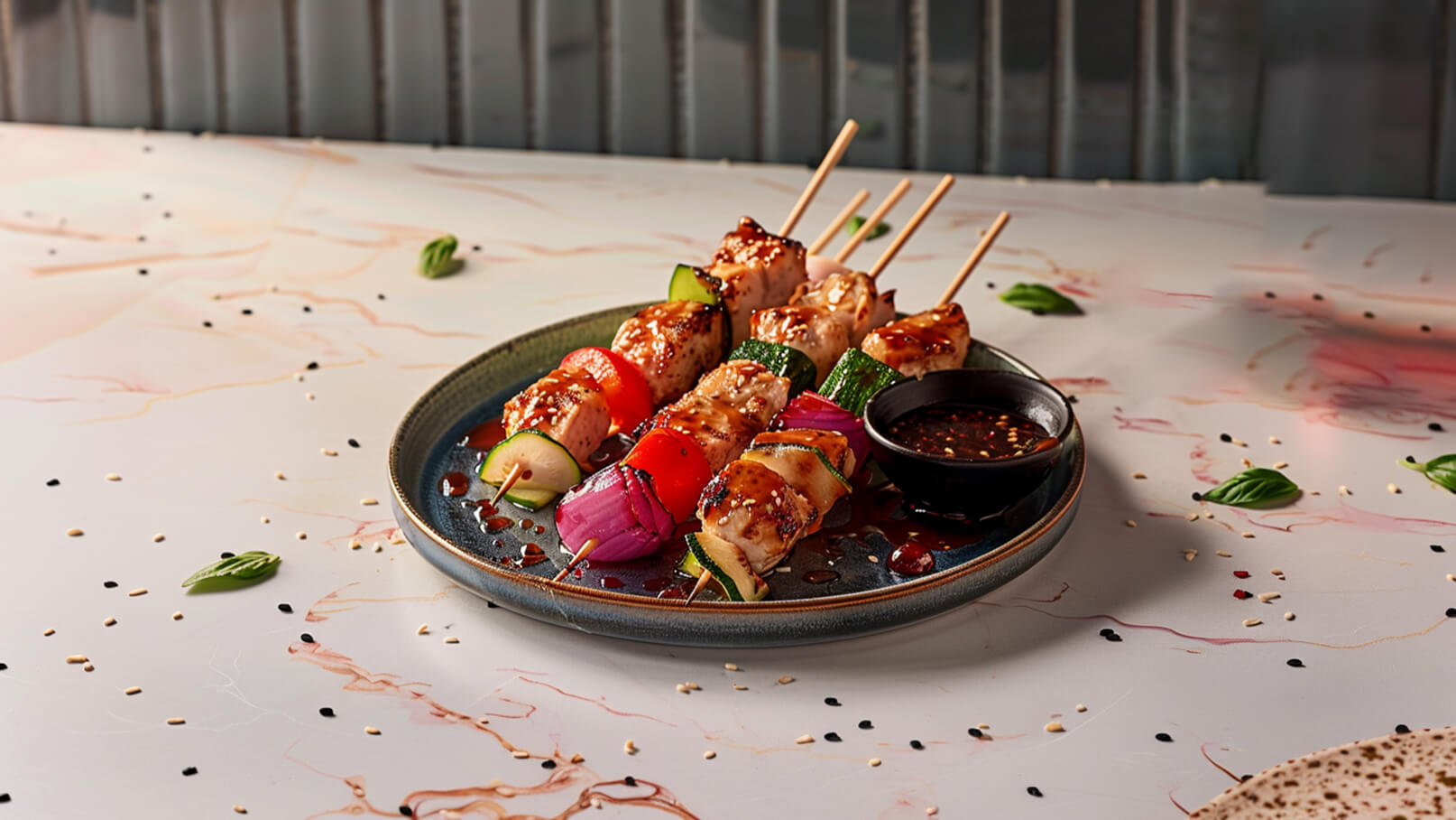 Ein Teller mit gegrillten Spießen ist abgebildet. Die Spieße bestehen aus Fleischstücken und buntem Gemüse wie Paprika, Zucchini und Zwiebeln, alle mit einer glänzenden Marinade überzogen. Neben den Spießen befindet sich eine kleine Schale mit dunkler, würziger Sauce.
