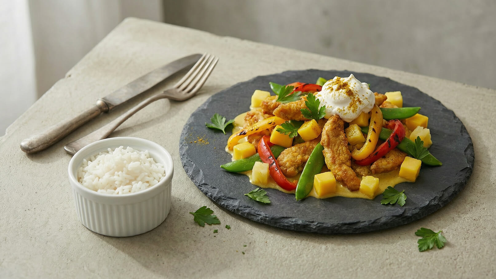 Ein Teller mit Hähnchenstreifen, buntem Gemüse wie Paprika und Zuckerschoten, garniert mit einer Mischung aus Sahne und Gewürzen. Daneben befindet sich eine kleine Schüssel mit weißem Reis. Der Teller ist auf einem dunklen Untergrund angerichtet.