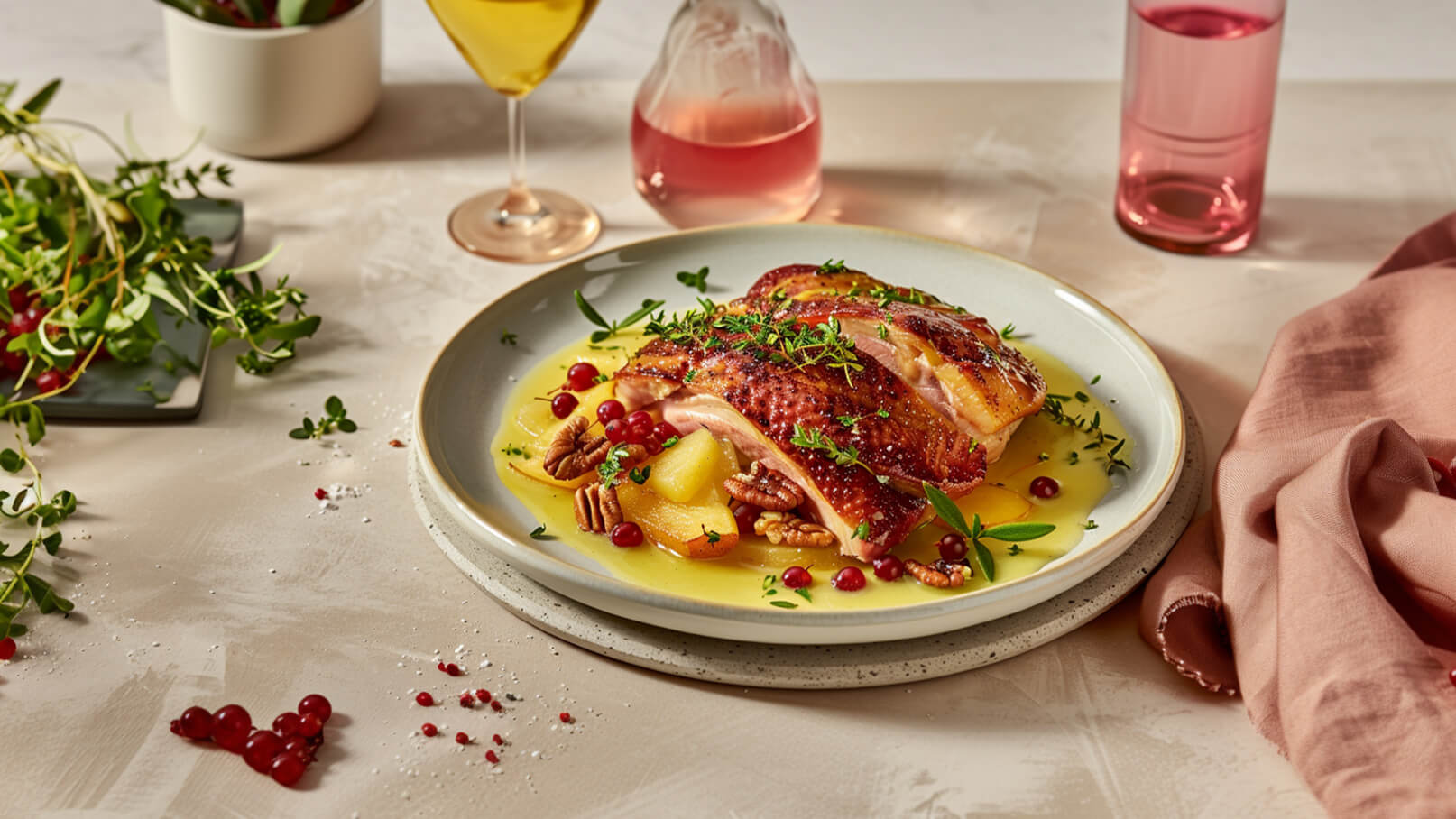 Auf dem Bild ist ein Teller mit gebratenem Geflügel, umgeben von einer fruchtigen Sauce, Äpfeln, Granatapfelkernen und gehackten Pekannüssen zu sehen. Frische Kräuter sind als Garnitur verwendet. Im Hintergrund sind ein Glas Wein und eine Wasserflasche zu erkennen.