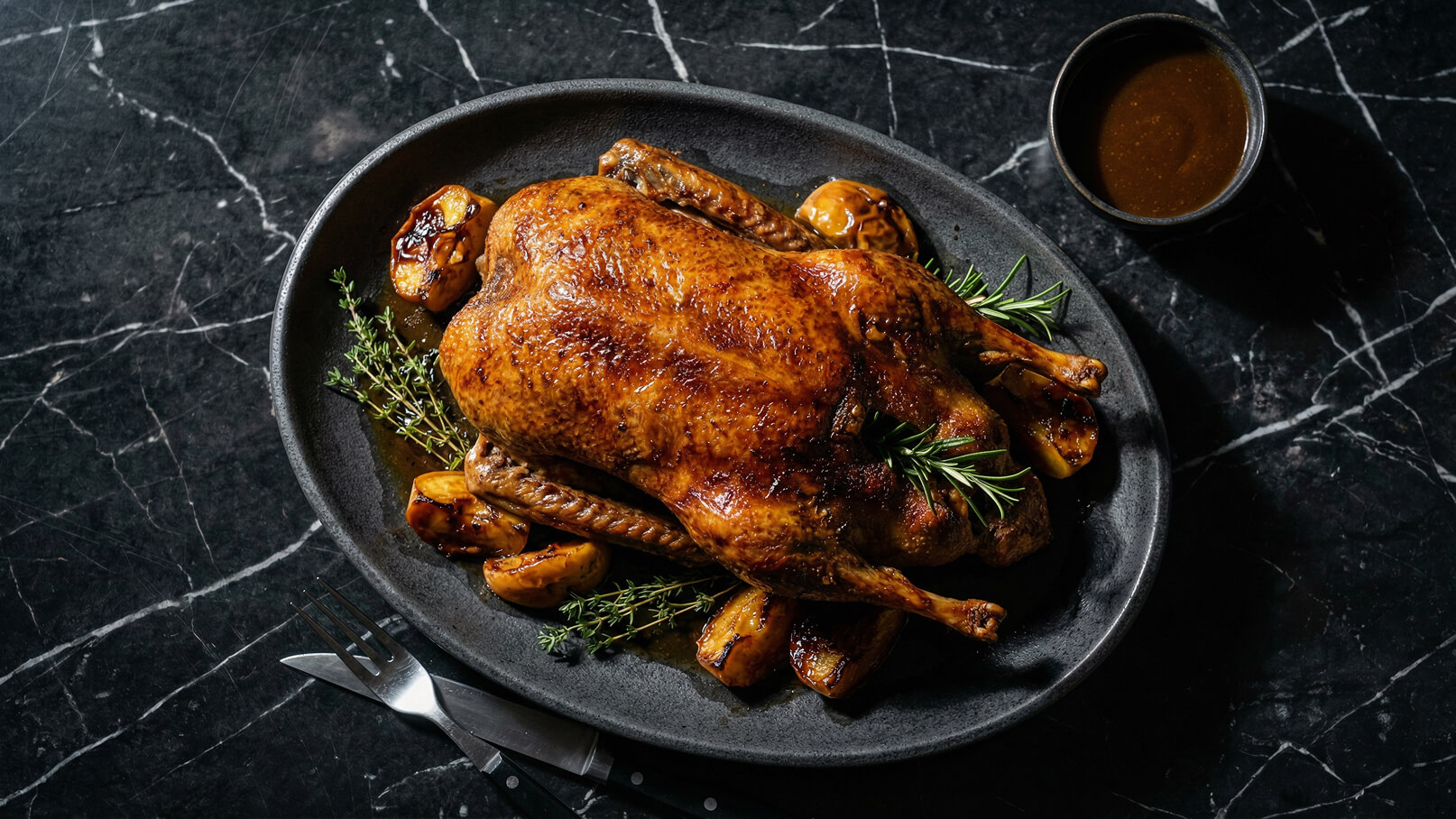 Ein saftiger, goldbraun gebratener Gänsebraten liegt auf einem schwarzen Teller, umgeben von gerösteten Äpfeln und frischen Kräutern. Neben dem Gericht befindet sich eine kleine Schale mit Brühe. Der Hintergrund ist eine dunkle, marmorierte Oberfläche.