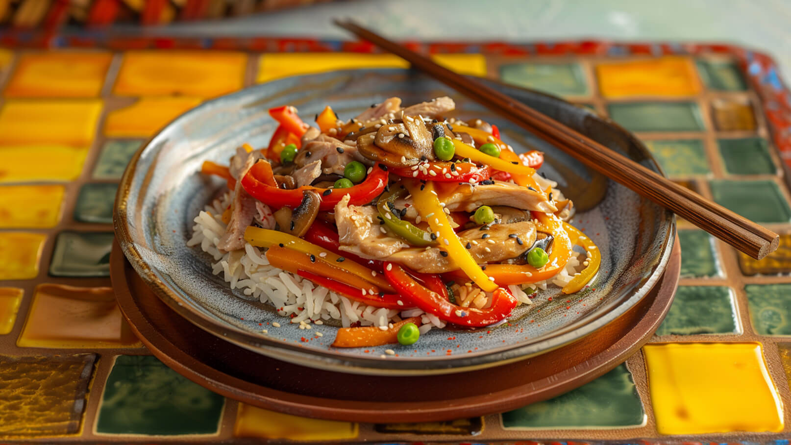 Ein Teller mit Reis, belegt mit buntem Wok-Gemüse, darunter rote und gelbe Paprika, grüne Erbsen und Pilze. Das Gericht ist mit Sesam und Gewürzen bestreut und sieht frisch aus. Neben dem Teller liegt ein Paar Essstäbchen.