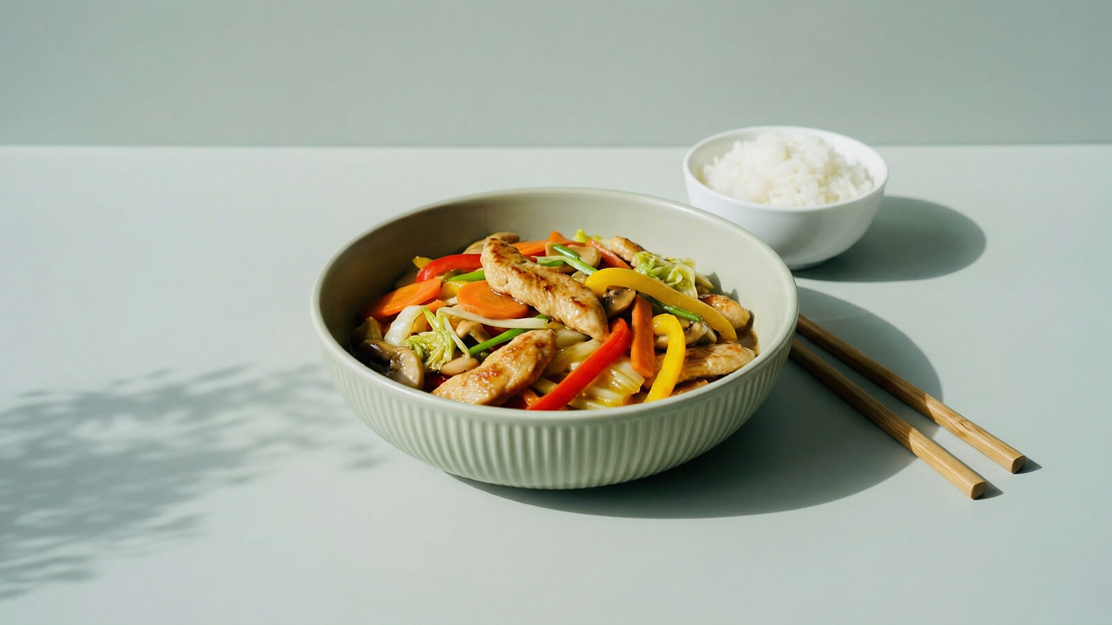 Eine Schüssel mit gebratenem Hühnchen und buntem Gemüse, darunter Paprika, Karotten und Kohl, steht auf einem Tisch. Dazu gehört eine kleine Schale mit Reis und ein Paar Essstäbchen. Die Präsentation ist einfach und ansprechend, mit sanften Farben im Hintergrund.