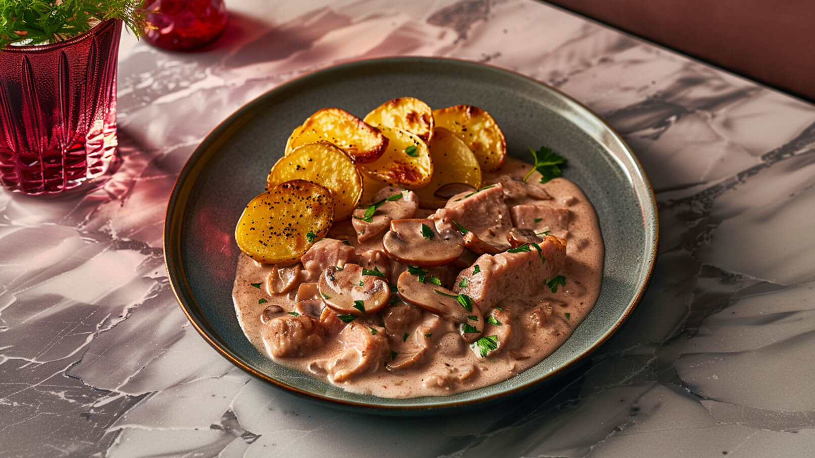 Ein Teller mit zarten Stückchen Fleisch in einer cremigen Sauce, garniert mit Champignons und frischer Petersilie. Neben dem Fleisch liegen gebratene Kartoffelscheiben, die goldbraun und knusprig sind. Der Hintergrund ist ein marmorierter Tisch.