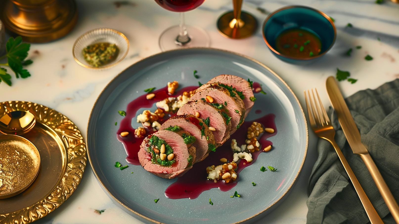 Auf einem grauen Tellers liegt aufgeschnittenes, zartes Fleisch, garniert mit grünen Kräutern und Pinienkernen. Um das Fleisch herum sind dekorative Elemente wie rote Sauce und Walnüsse. Im Hintergrund sind goldbesteck und ein Weinglas sichtbar.