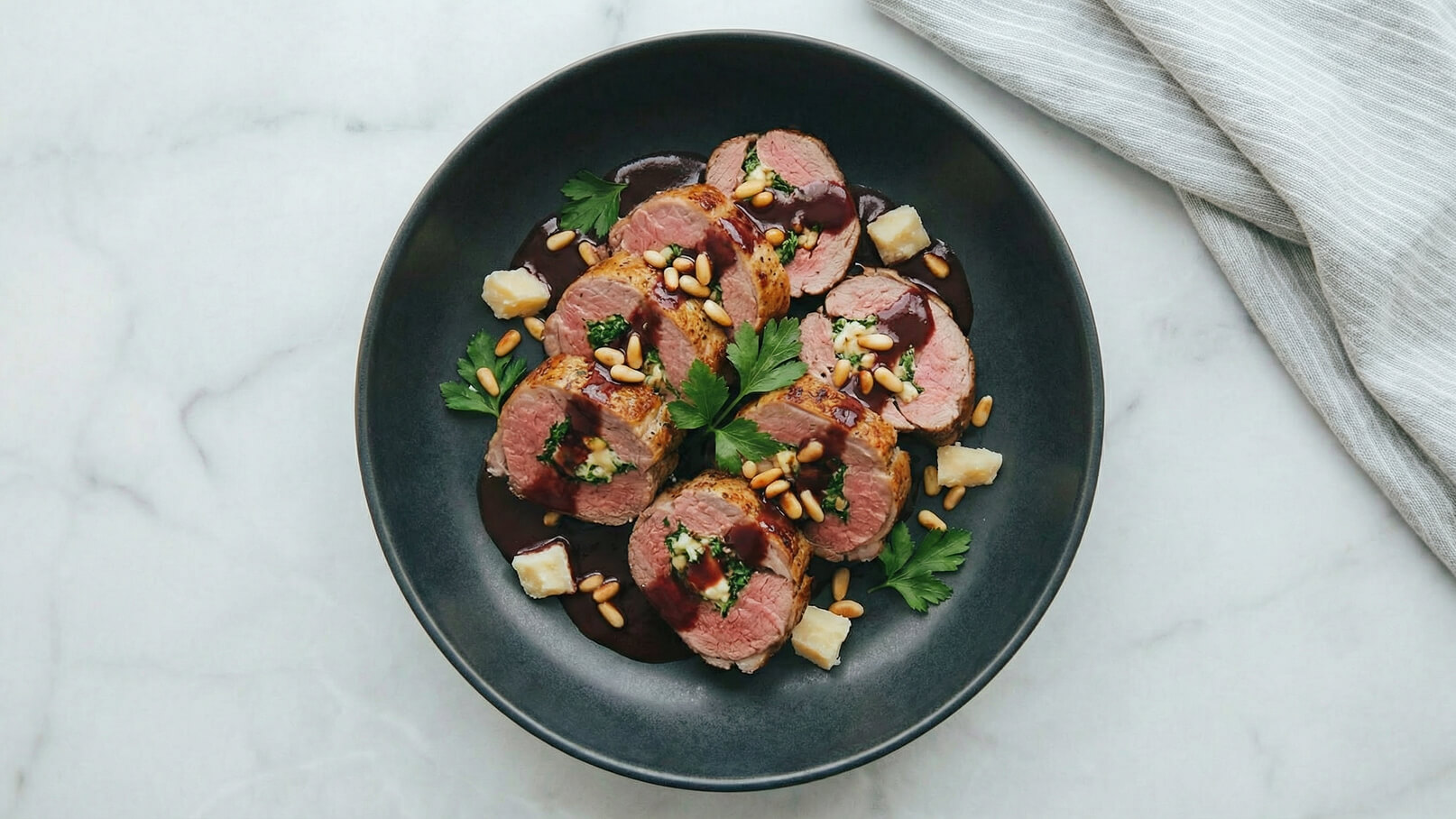 Ein schwarzer Teller mit in Scheiben geschnittenem Fleisch, das mit einer grünen Füllung und einer dunklen Sauce überzogen ist. Drumherum sind Pinienkerne und kleine Stücke von Käse sowie frische Petersilie platziert. Der Hintergrund ist hell und neutral gehalten.