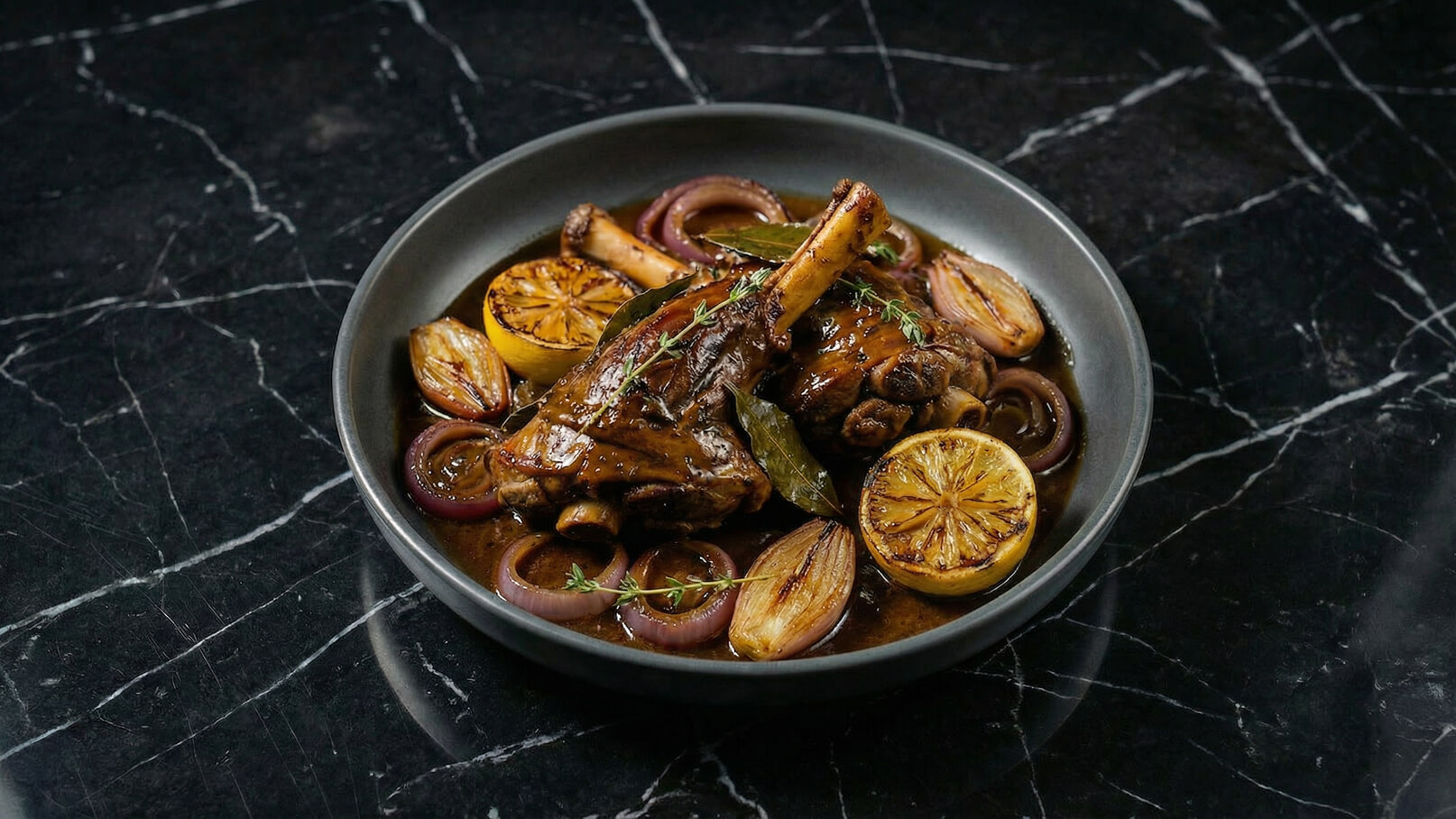 Ein dunkler Teller enthält zartes, gebratenes Fleisch mit Knochen, umgeben von karamellisierten Zwiebeln, Zitronenscheiben und Lorbeerblättern, alles in einer glänzenden Soße. Die Anordnung vermittelt ein appetitliches und ansprechendes Gericht.