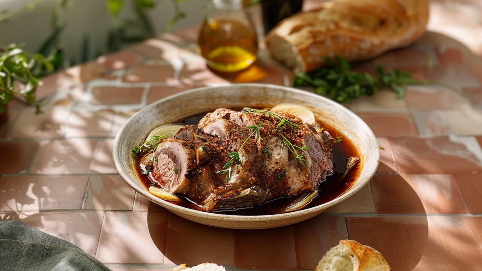 Ein Teller mit zartem, gebratenem Fleisch, garniert mit frischen Kräutern und Zwiebeln, ist in einer dunklen Sauce angerichtet. Im Hintergrund sind ein Glas Öl und ein Laib Brot sichtbar, während Pflanzen die Atmosphäre auflockern.