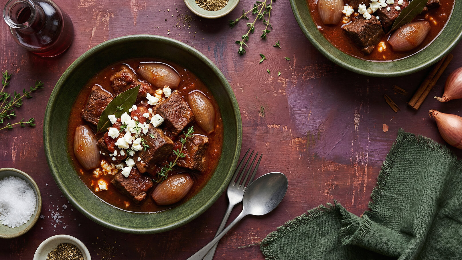 Zwei grüne Schalen containen ein herzhaftes Gericht mit Stückchen von Rindfleisch, Schalotten und Tomatensauce, garniert mit Frischkäse und Kräutern. Daneben liegen eine Gabel und ein Löffel. Der Untergrund ist in dunklem Holz-Look gehalten.