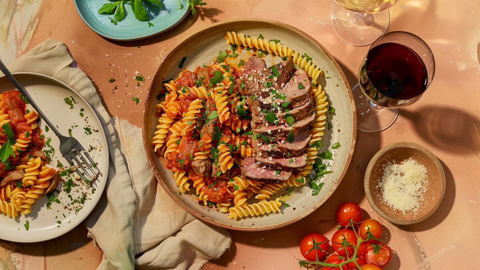 Ein Teller mit Spiralnudeln in Tomatensauce, garniert mit frischer Petersilie, und einer Portion zartem, mariniertem Fleisch in Scheiben. Daneben steht ein Glas Rotwein und eine kleine Schüssel mit geriebenem Käse. Ein paar frische Kirschtomaten liegen ebenfalls auf dem Tisch.