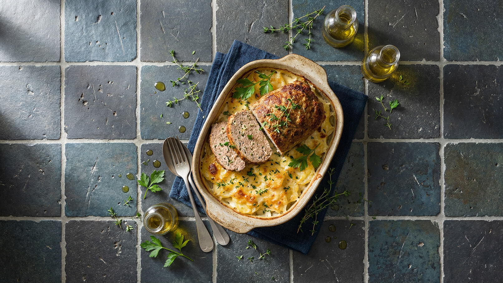 Ein herzhaftes Gericht in einer Auflaufform zeigt einen saftigen Braten, der in Scheiben geschnitten ist, auf einer cremigen Beilage. Frische Kräuter, wie Thymian und Petersilie, sind sichtbar. Auf einem dunklen Untergrund aus Fliesen platziert.