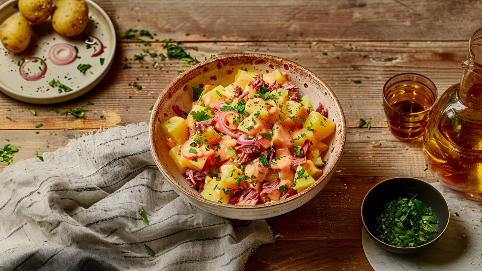 Eine Schüssel mit Kartoffelsalat, garniert mit Petersilie und roten Zwiebelringen, steht auf einem Holztisch. Daneben liegen ein Teller mit Kartoffeln, ein kleines Schälchen mit gehackter Petersilie und eine Karaffe mit einer gelben Flüssigkeit. Ein gestreiftes Tuch ist im Vordergrund sichtbar.