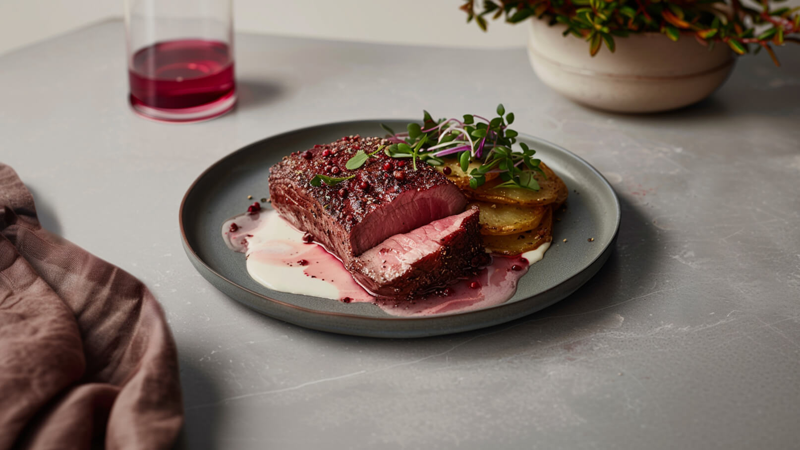 Ein Teller mit saftigem, rosa gebratenem Fleisch, garniert mit Kräutern und bunten Beeren. Neben dem Fleisch liegen gebratene Kartoffelscheiben. Eine cremige Sauce und rote Saftflecken ergänzen das Gericht. Im Hintergrund steht ein Glas mit Rotwein.