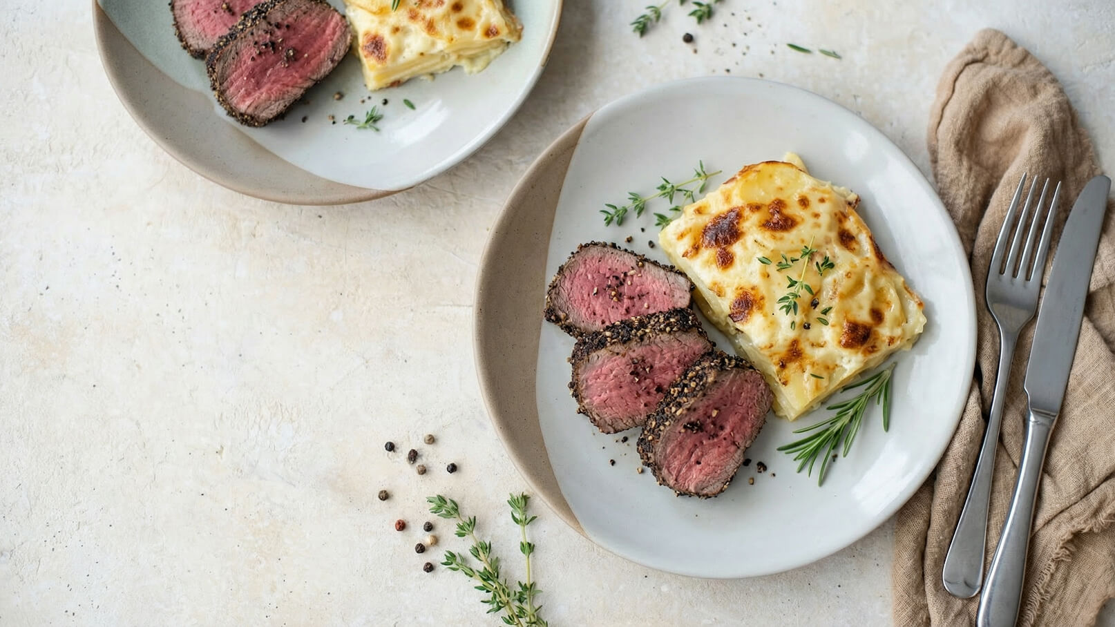Auf dem Bild sind zwei Teller mit Kotelett und Kartoffelgratin zu sehen. Das Fleisch ist in dicke Scheiben geschnitten und hat eine würzige Kruste. Das Gratin ist goldbraun und cremig, umgeben von frischen Kräutern.