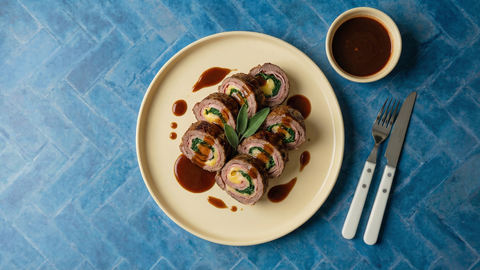 Ein Teller mit aufgerolltem Fleisch, gefüllt mit Spinat und Käse, liegt in der Mitte. Die Röllchen sind mit einer dunklen Sauce und birkaç Blättern frischer Salbe versehen. Daneben liegt eine kleine Schüssel mit zusätzlicher Sauce sowie Besteck. Der Hintergrund ist blau.