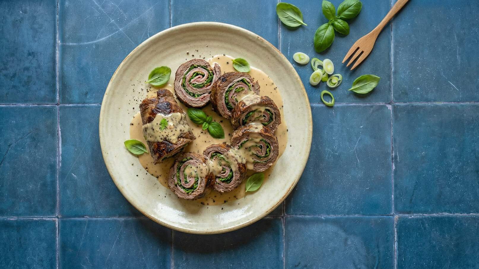Auf einem beige Farbschalen befindet sich aufgeschnittenes, gefülltes Fleisch, das in einer cremigen Sauce serviert wird. Die Scheiben zeigen grüne und rosa Füllungen, garniert mit frischen Basilikumblättern. Der Teller steht auf einem blauen Fliesenuntergrund.