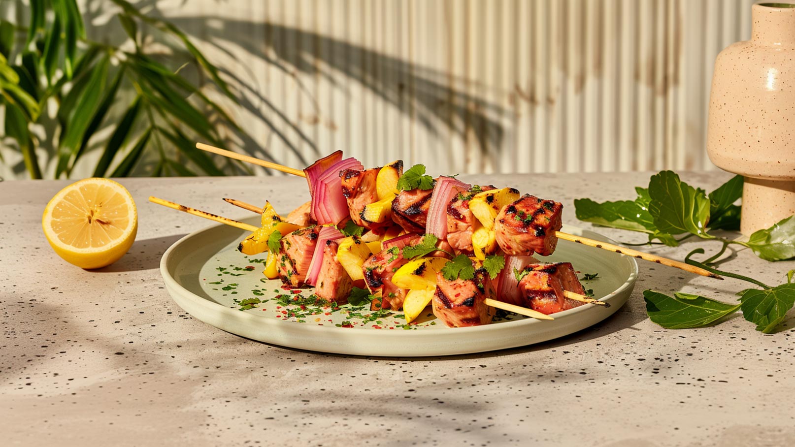 Gegrillte Spieße mit mariniertem Fleisch, Paprika und Ananas auf einem flachen Teller, garniert mit frischem Koriander. Neben dem Teller liegt eine halbierte Zitrone. Der Hintergrund zeigt eine minimalistische, helle Umgebung mit Blättern, die an den Rand des Bildes ragen.