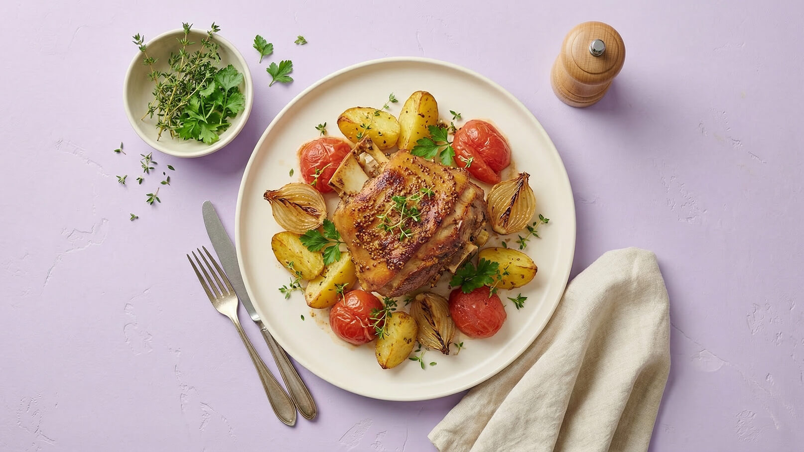 Ein Teller mit gebratenem Hähnchen, umgeben von goldenen Kartoffeln, gerösteten Zwiebeln und roten Tomaten. Frische Kräuter, wie Thymian und Petersilie, garnieren das Gericht. Im Hintergrund liegt eine Gewürzmühle und eine Schale mit frischen Kräutern. Der Untergrund ist lila.
